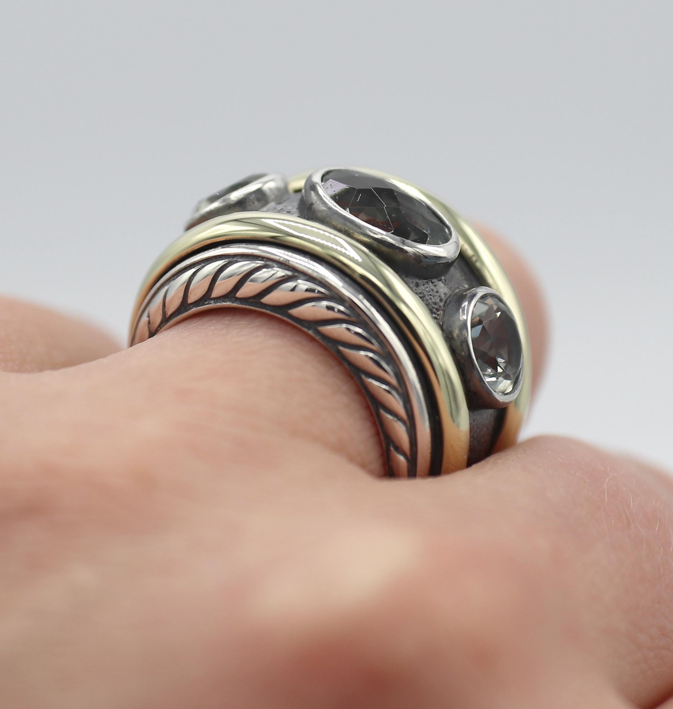 Women's David Yurman Renaissance 3 Stone Prasiolite Sterling Silver & Gold Band Ring