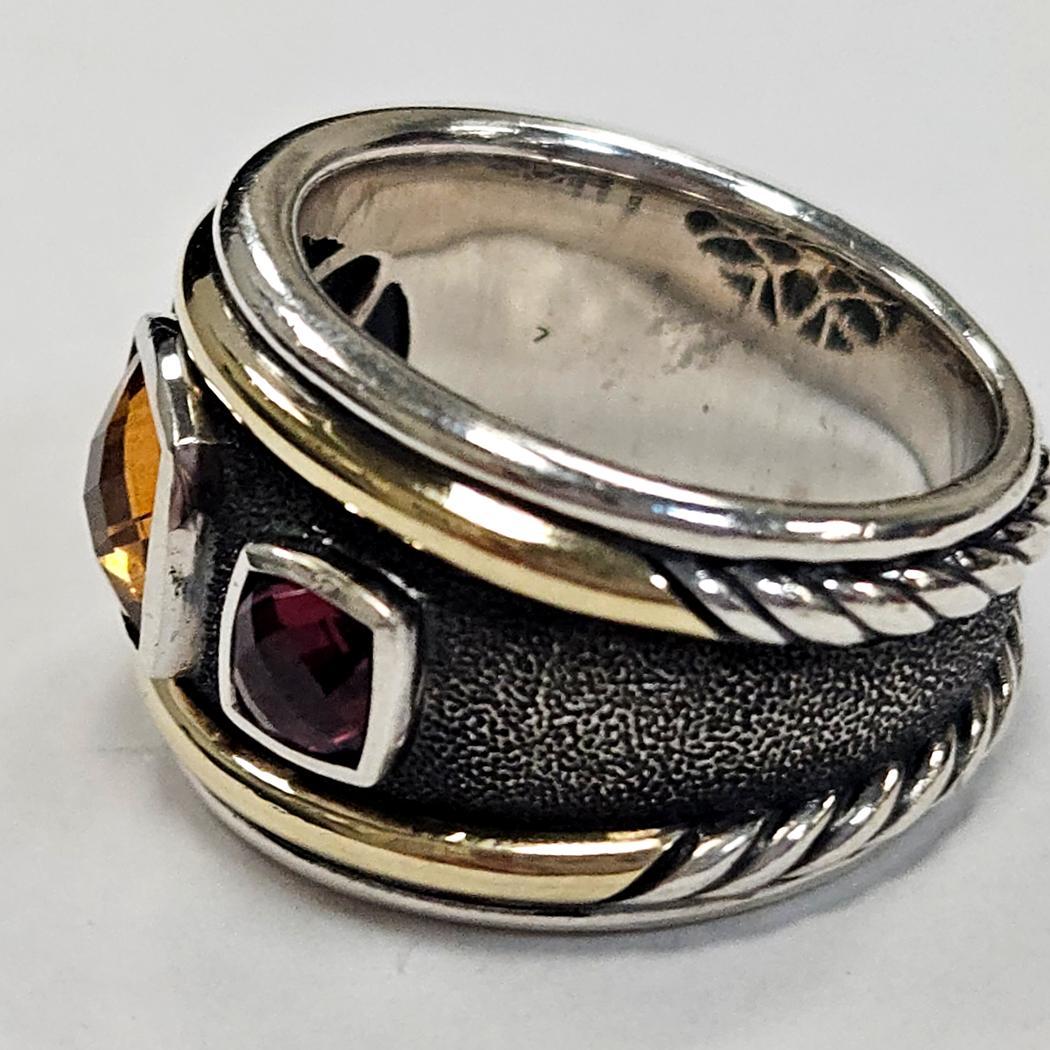 Moderne David Yurman Renaissance 3-Stone Ring in Sterling Silver & 14K Citrine Garnet (bague à trois pierres en argent sterling et grenat) en vente