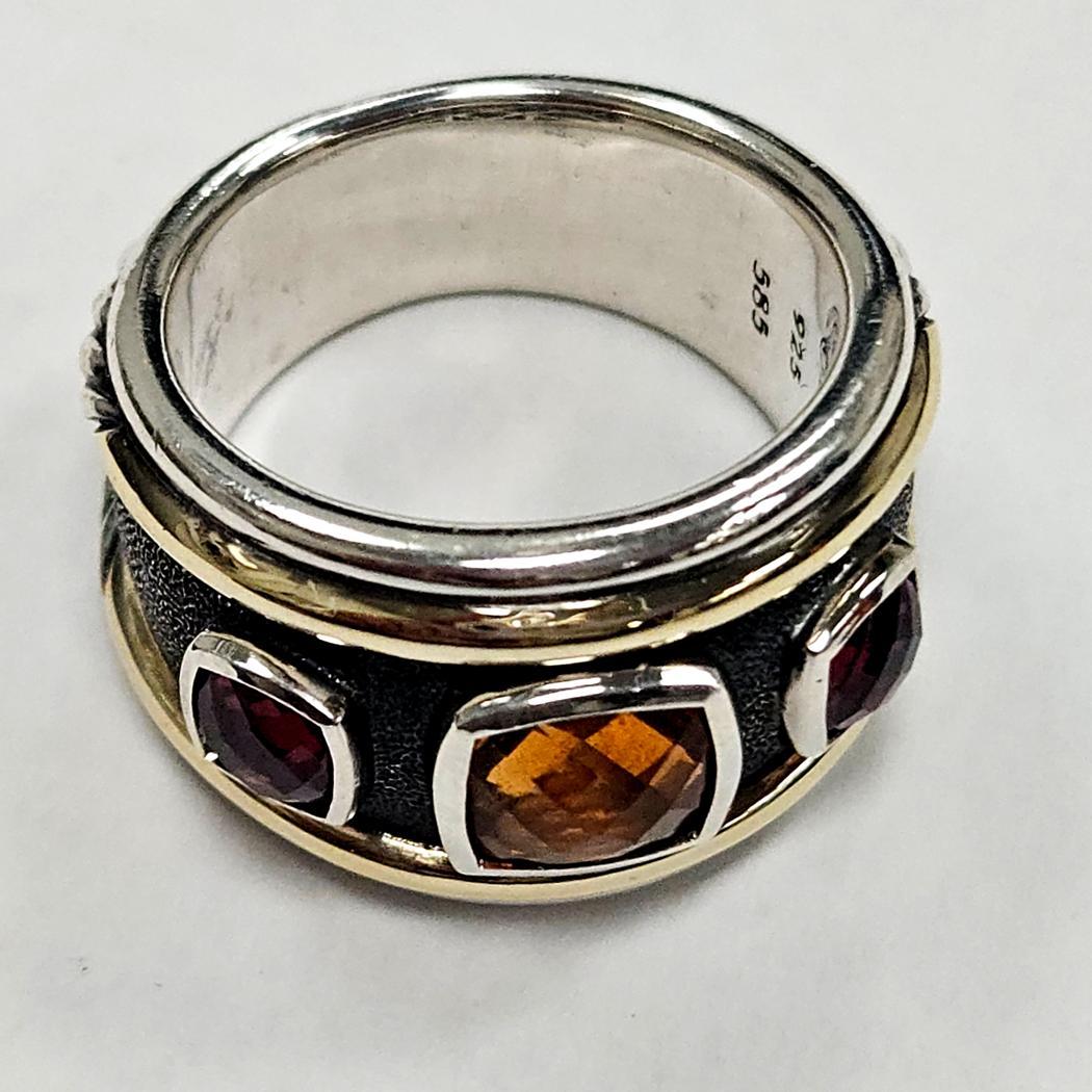 David Yurman Renaissance 3-Stone Ring in Sterling Silver & 14K Citrine Garnet (bague à trois pierres en argent sterling et grenat) Excellent état - En vente à North Miami, FL