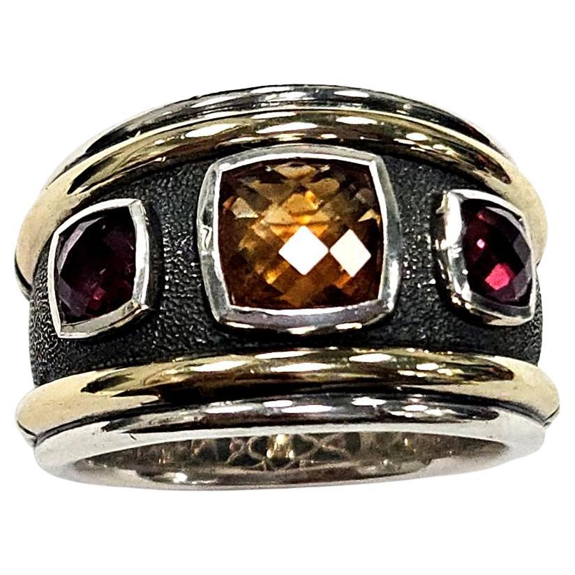 David Yurman Renaissance 3-Stone Ring in Sterling Silver & 14K Citrine Garnet (bague à trois pierres en argent sterling et grenat) en vente