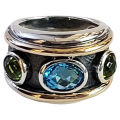 Vintage David Yurman Renaissance Blue Topaz & Peridot Sterling Silver and Gold band ring