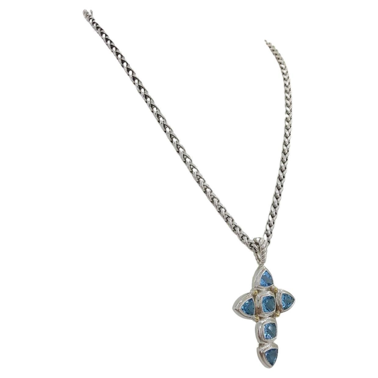 David Yurman Renaissance Blue Topaz Silver Cross Cable Pendant Necklace 18