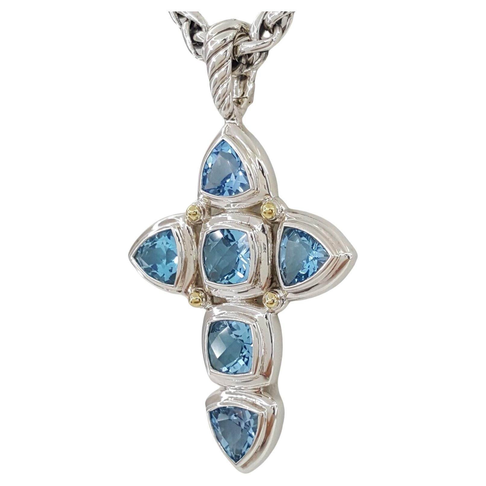 Contemporary David Yurman Renaissance Blue Topaz Silver Cross Cable Pendant Necklace 18 For Sale