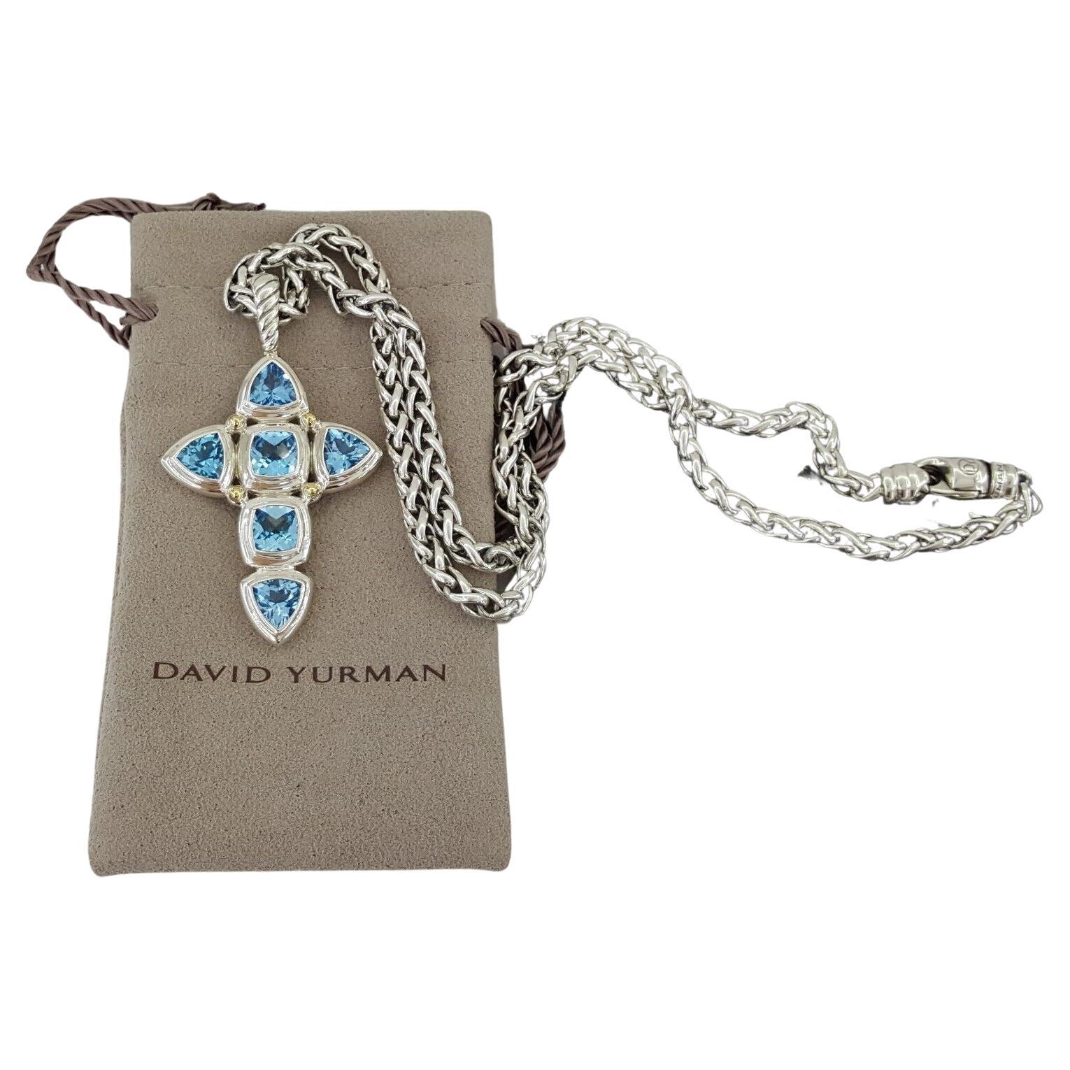 David Yurman Renaissance Blue Topaz Silver Cross Cable Pendant Necklace 18 In New Condition For Sale In Rome, IT