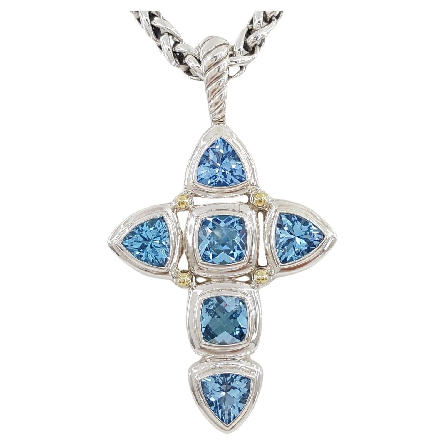 David Yurman Renaissance Blue Topaz Silver Cross Cable Pendant Necklace 18 For Sale