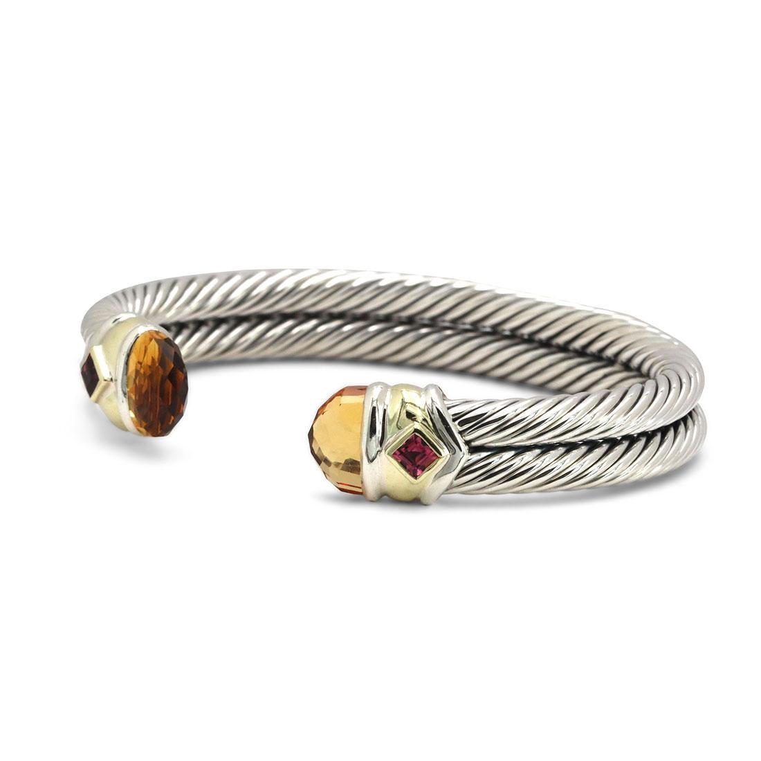 Authentic David Yurman Renaissance Cable bracelet, crafted in sterling silver and 14 karat yellow gold. Featuring two faceted Citrine stones along with pink Tourmaline stones on each end.  Bracelet measures 9.8mm in width and can fit up to a size 5