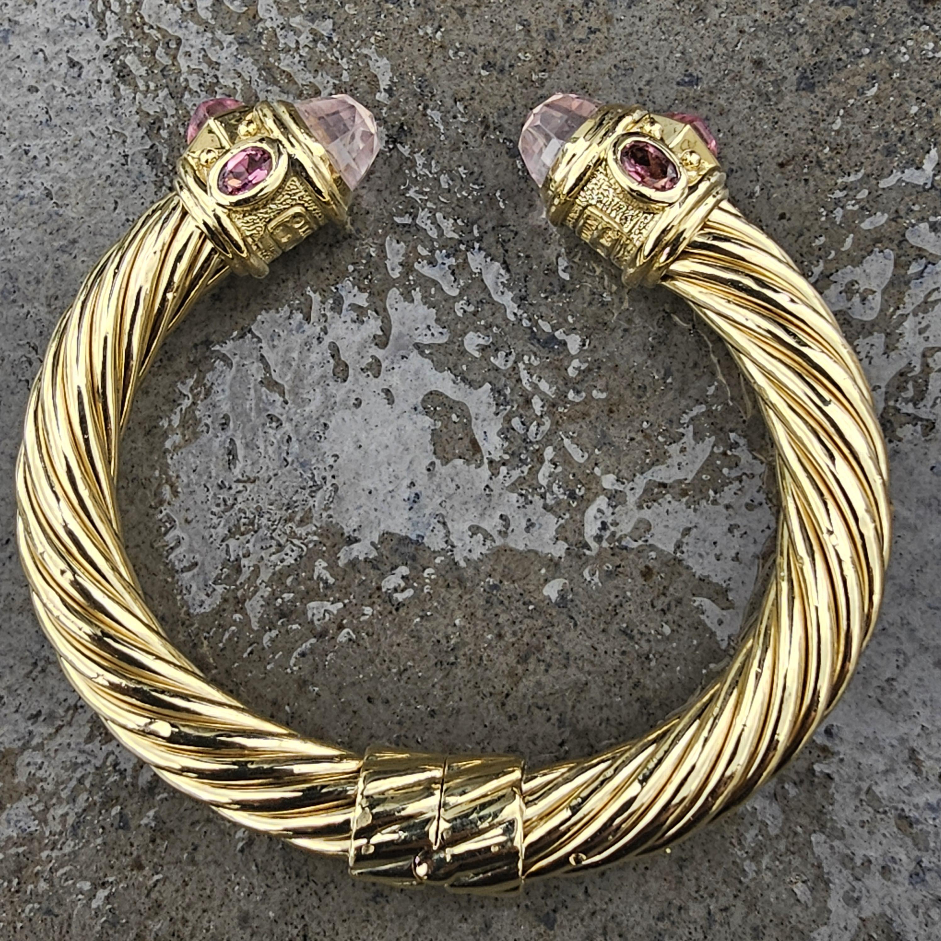 David Yurman Renaissance Cable Cuff Bracelet 18k Yellow Gold Rose Quartz 58.3g en vente 5