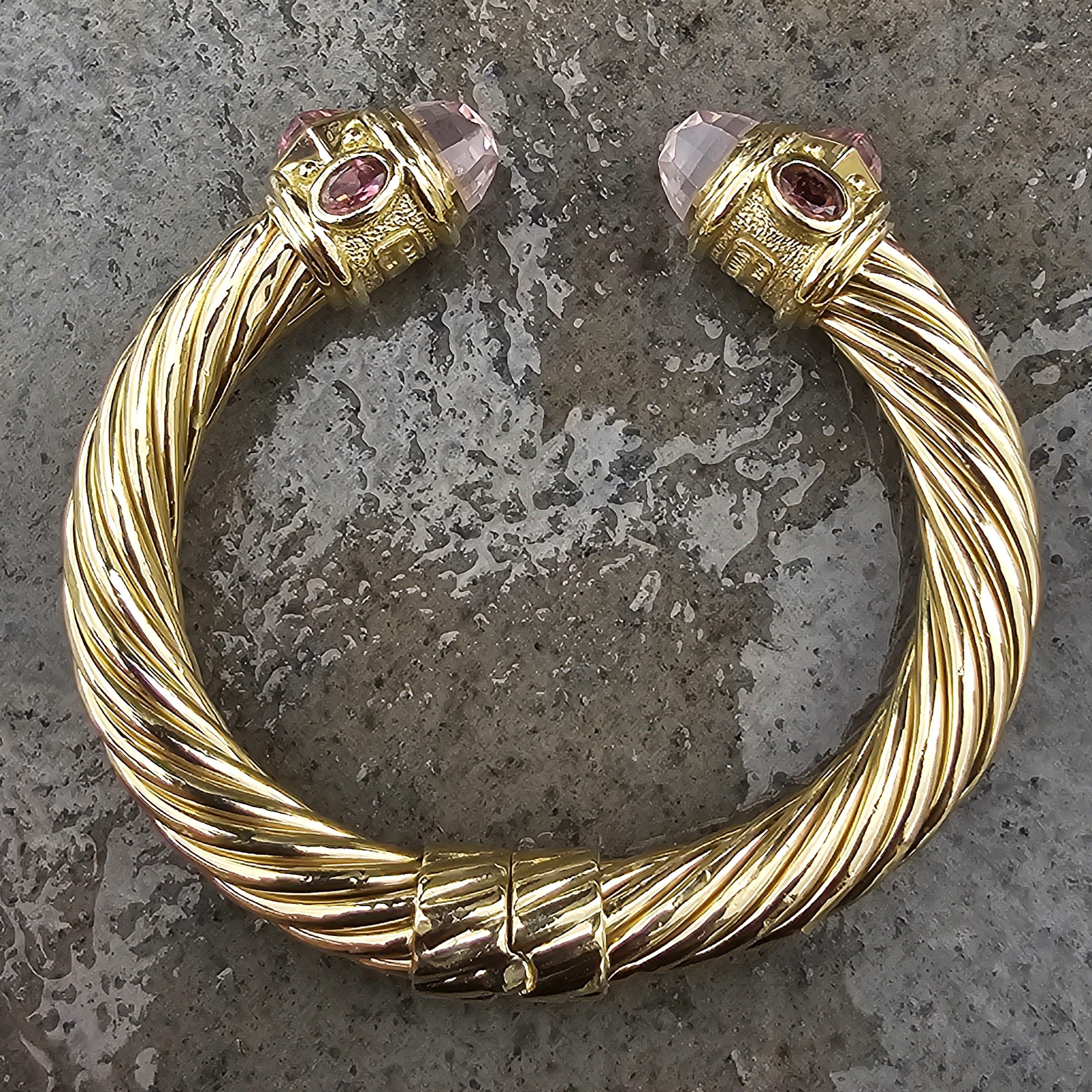David Yurman Renaissance Cable Cuff Bracelet 18k Yellow Gold Rose Quartz 58.3g en vente 6