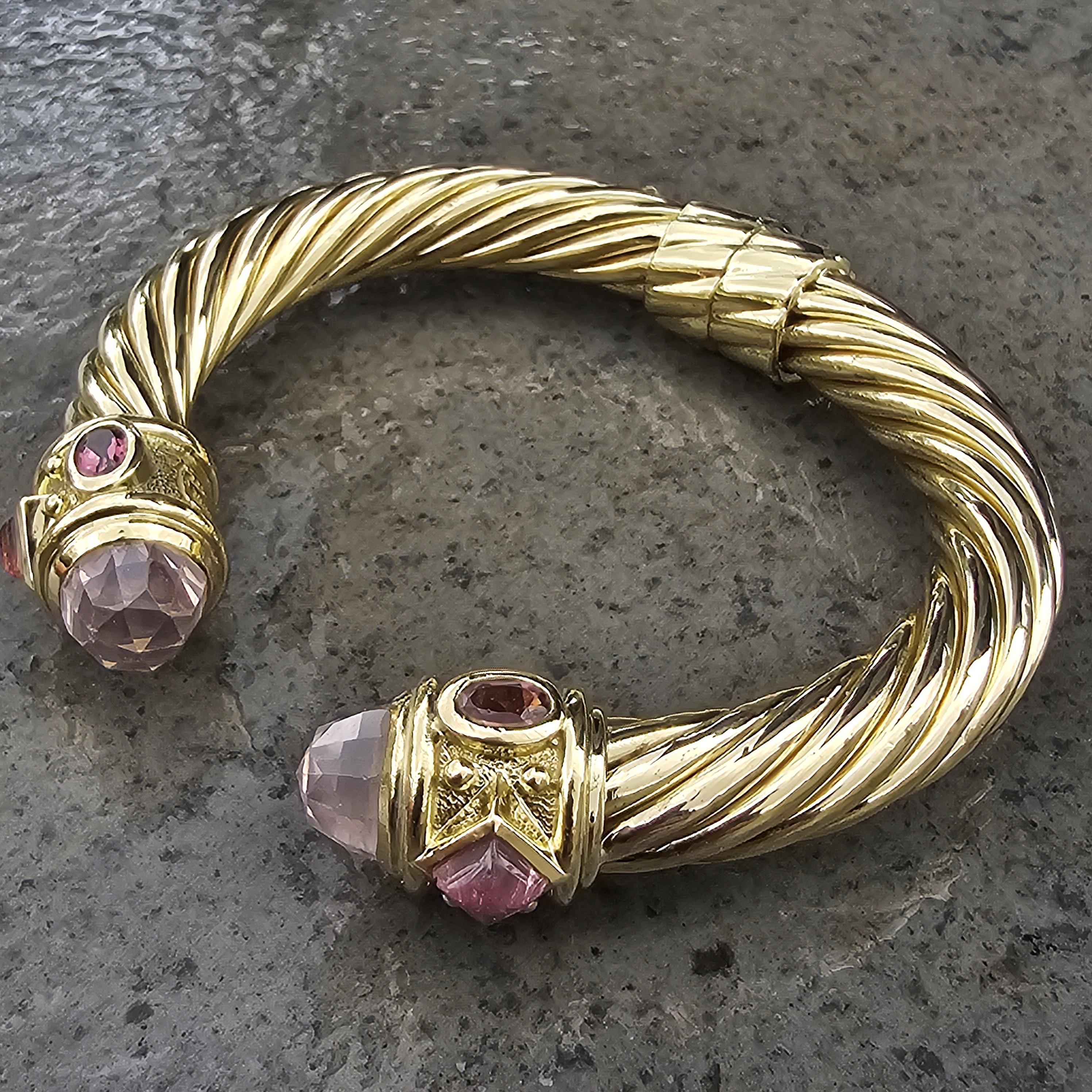 David Yurman Renaissance Cable Cuff Bracelet 18k Yellow Gold Rose Quartz 58.3g en vente 7
