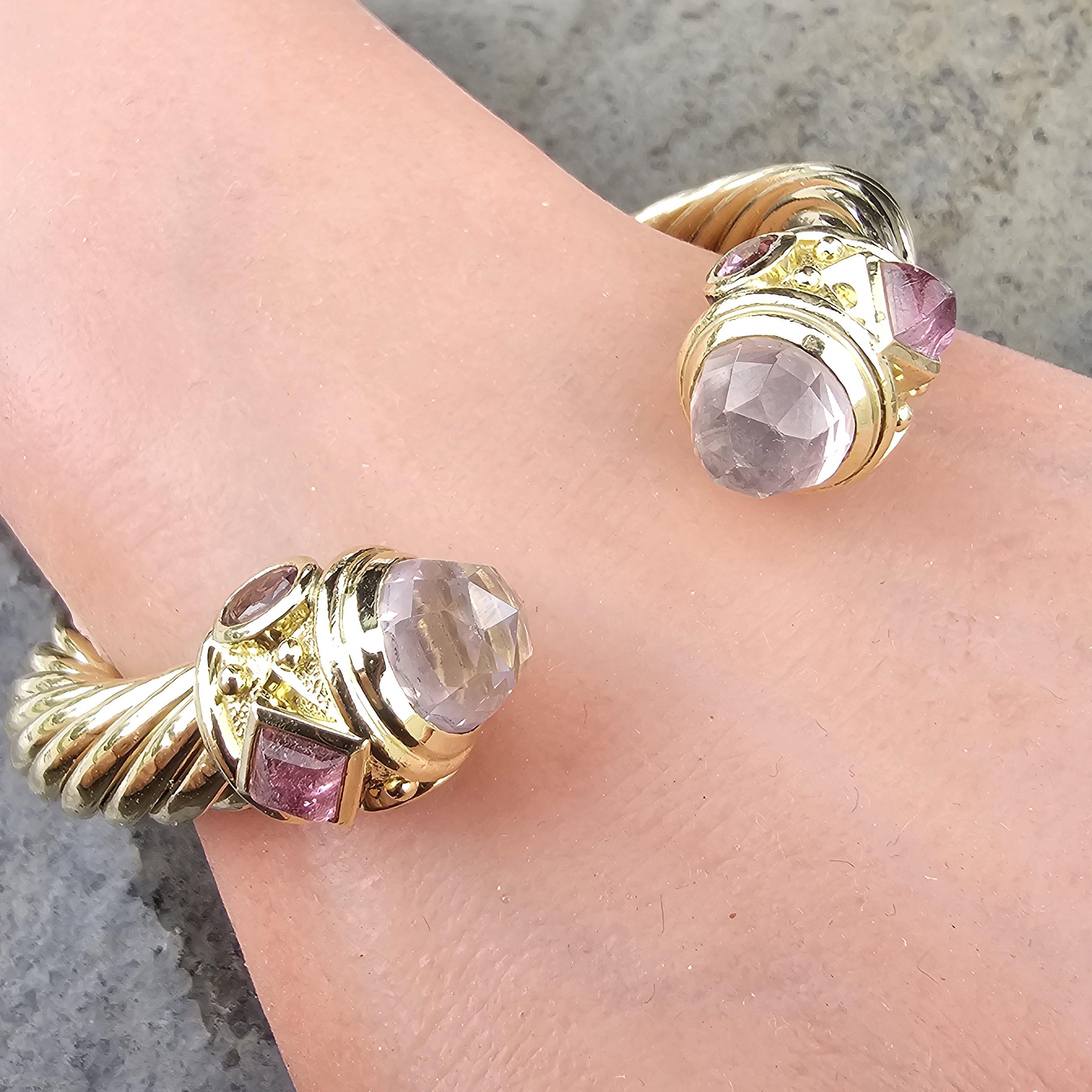 Taille briolette David Yurman Renaissance Cable Cuff Bracelet 18k Yellow Gold Rose Quartz 58.3g en vente