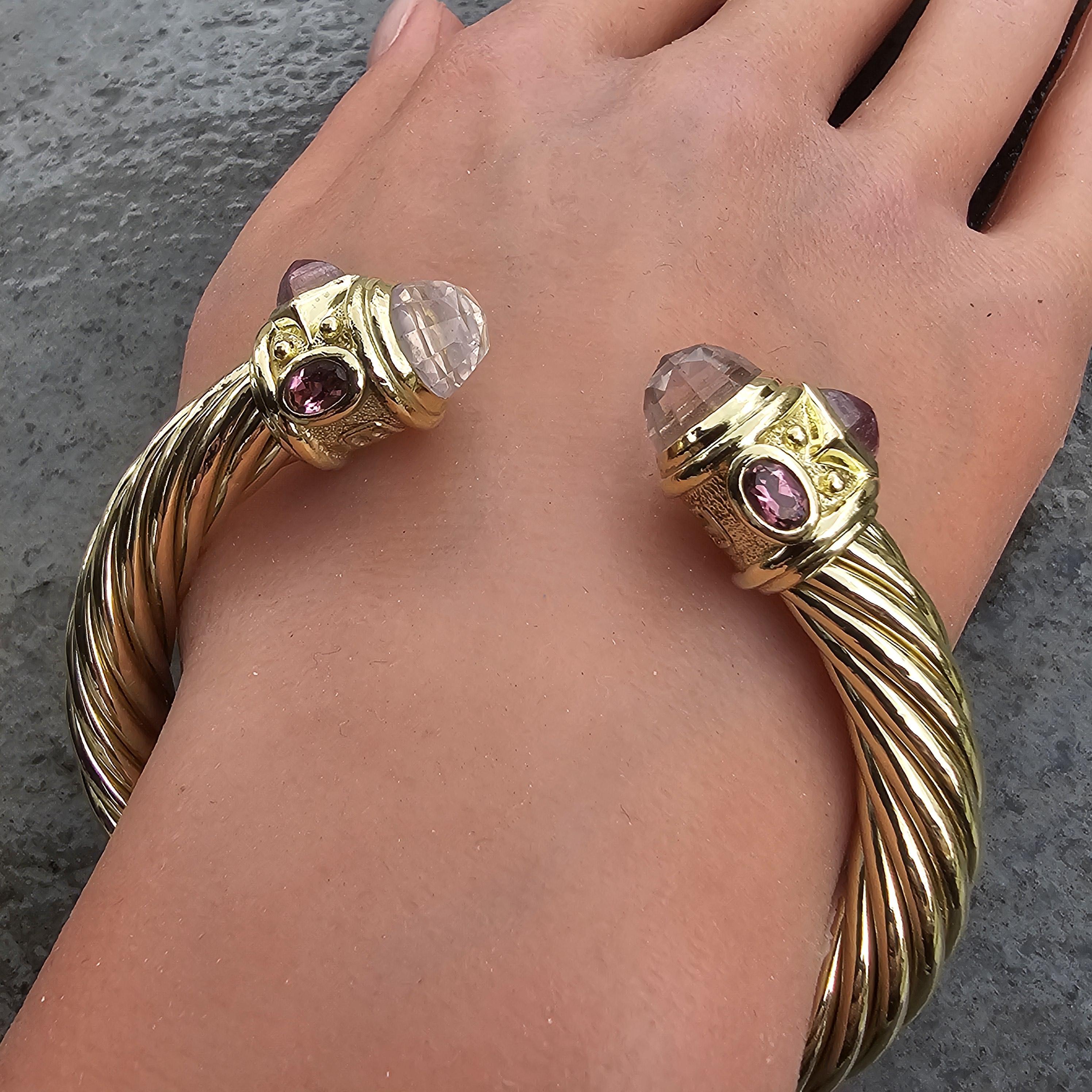 David Yurman Renaissance Cable Cuff Bracelet 18k Yellow Gold Rose Quartz 58.3g Bon état - En vente à Northbrook, IL