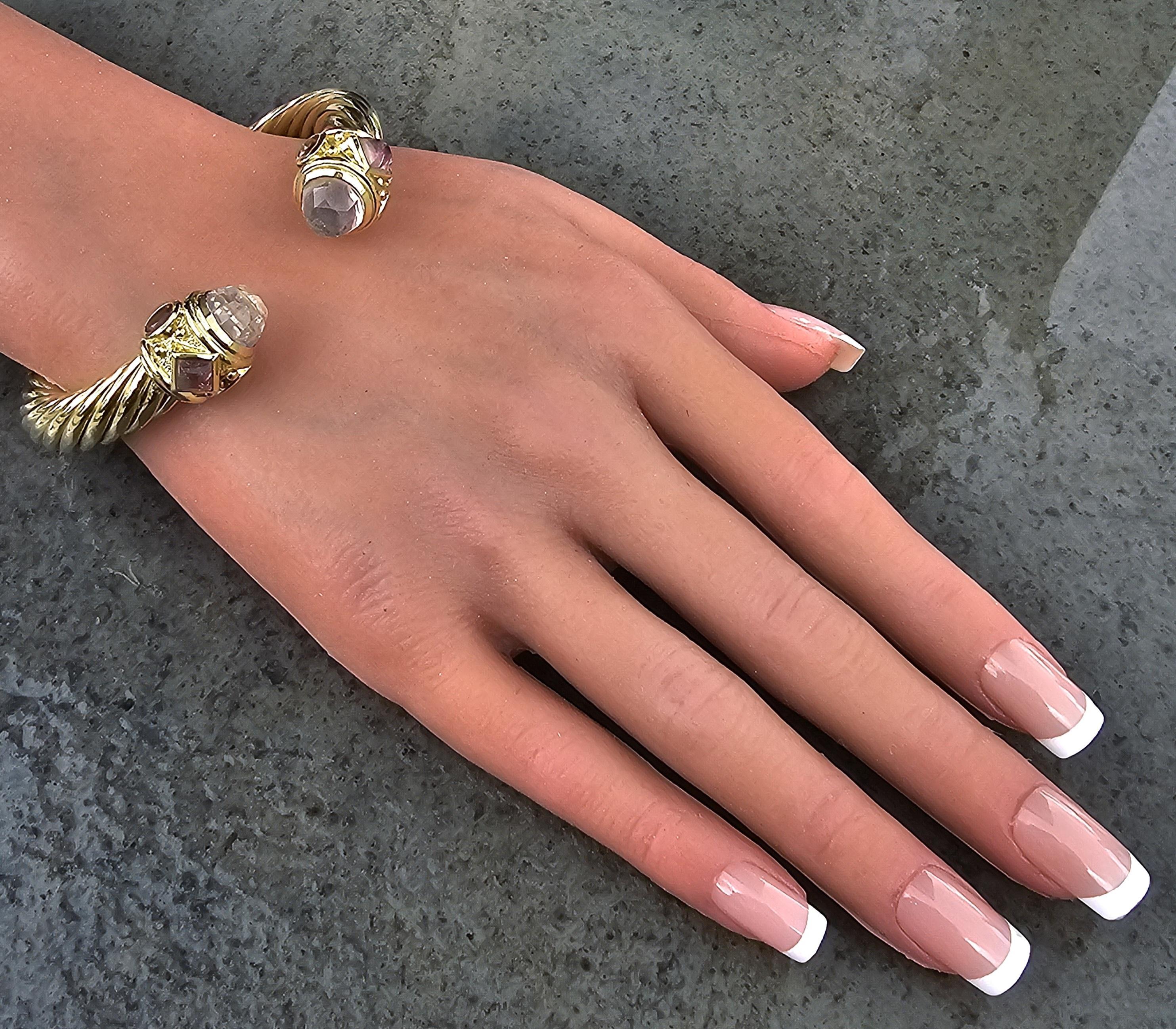 David Yurman Renaissance Cable Cuff Bracelet 18k Yellow Gold Rose Quartz 58.3g Pour femmes en vente