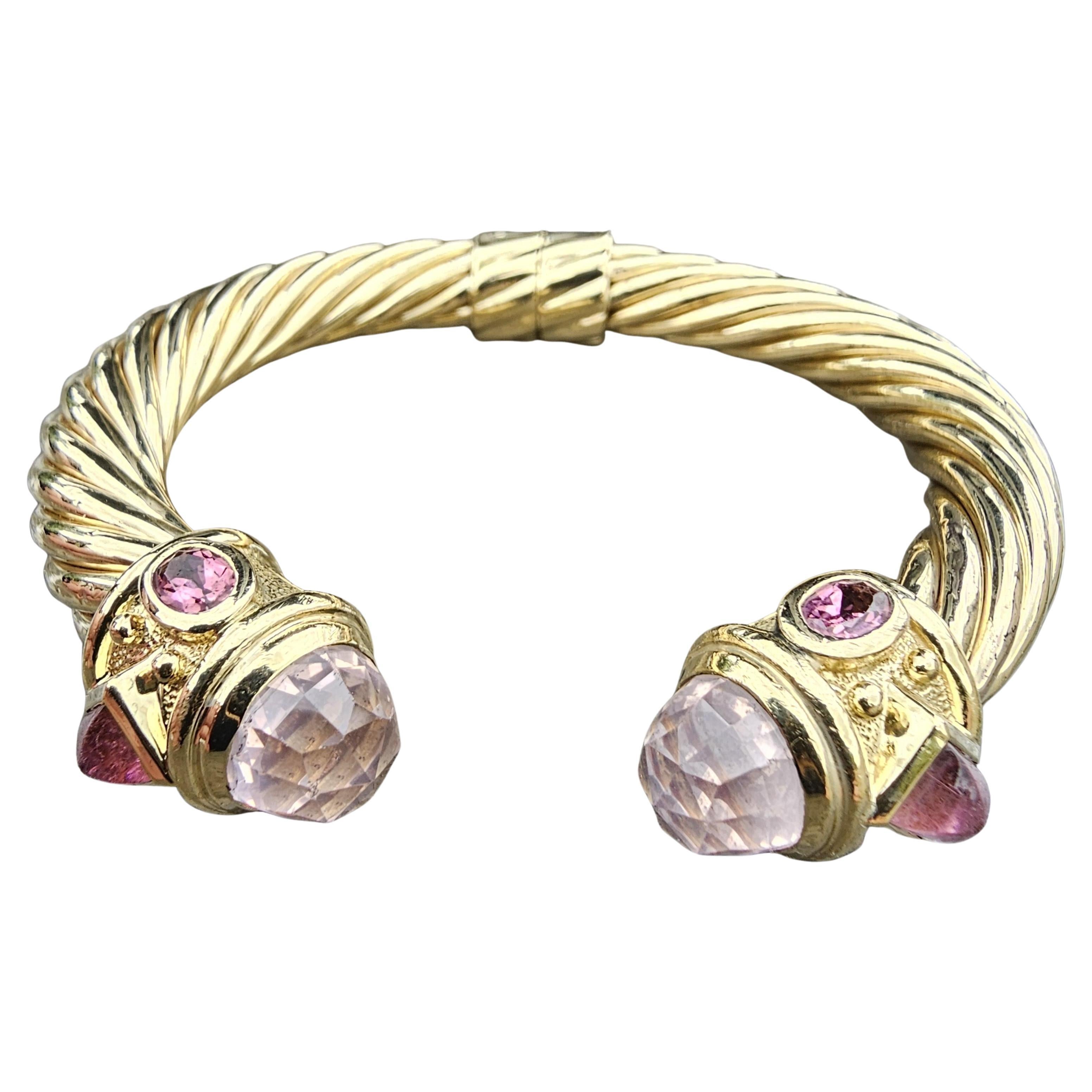 David Yurman Renaissance Kabel-Manschettenarmband 18k Gelbgold Rosenquarz 58,3g