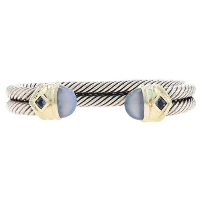 David Yurman Renaissance Chalcedony Double Cable Cuff Bracelet 6 1/2" -925 & 14k For Sale