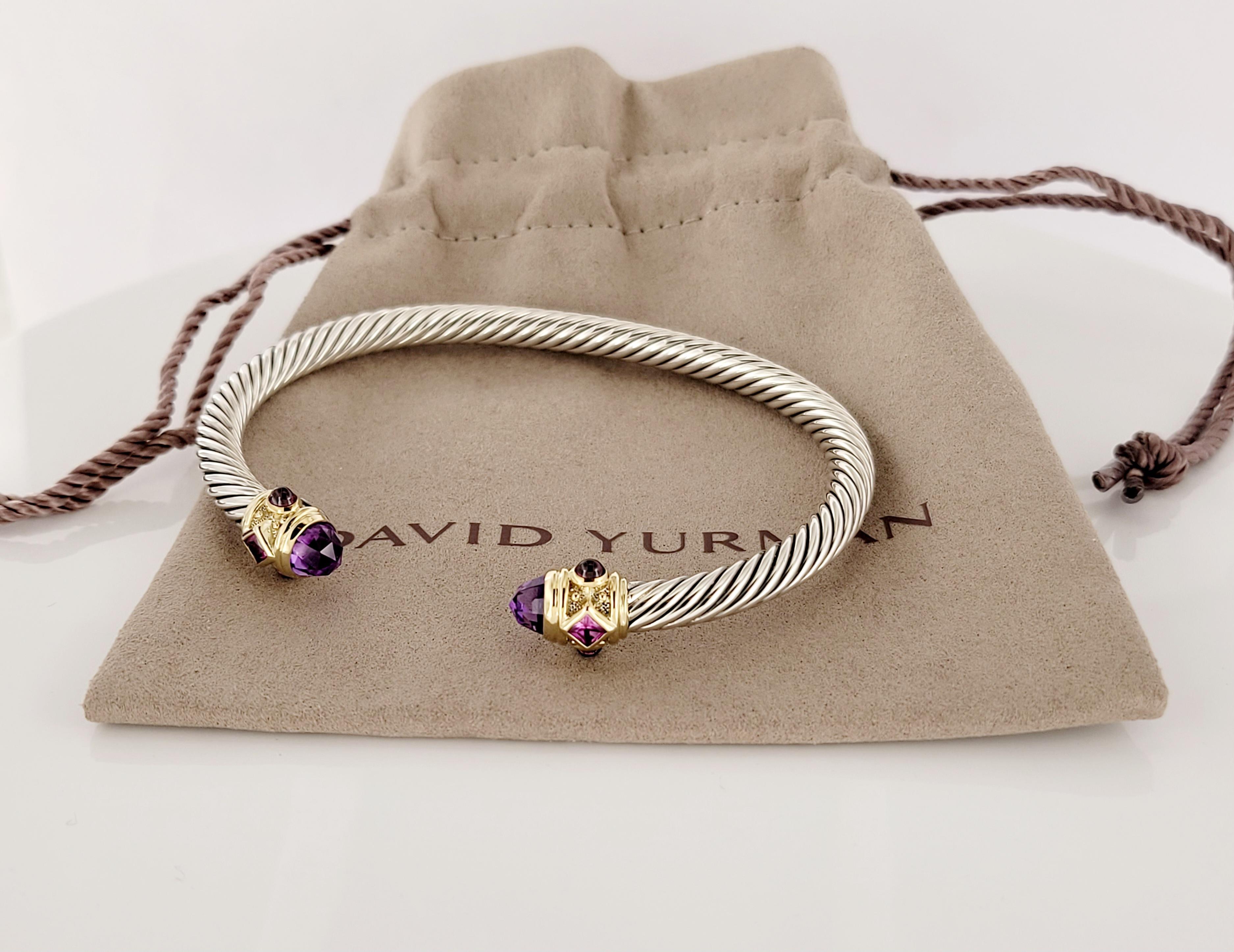 Renaissance Cable Bracelet
Sterling Silver & 14K Yellow Gold
Amethyst Pink Tourmaline and rhodonite  garnet
Bracelet 5mm
Weight 29.2gr  
Condition Never worn
Comes with David Yurman pouch