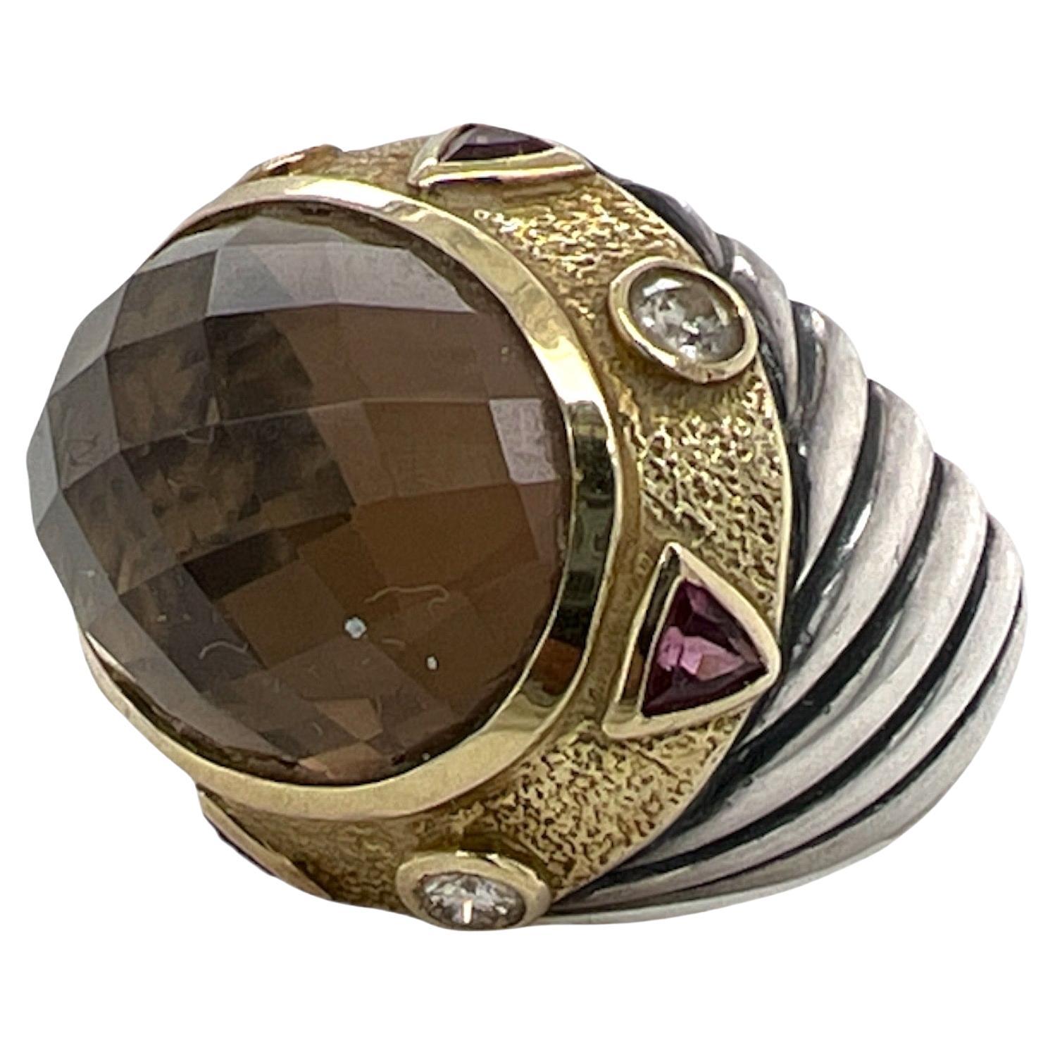 David Yurman Renaissance Diamond Smokey Topaz Garnet 18KYG/SS Cable Ring