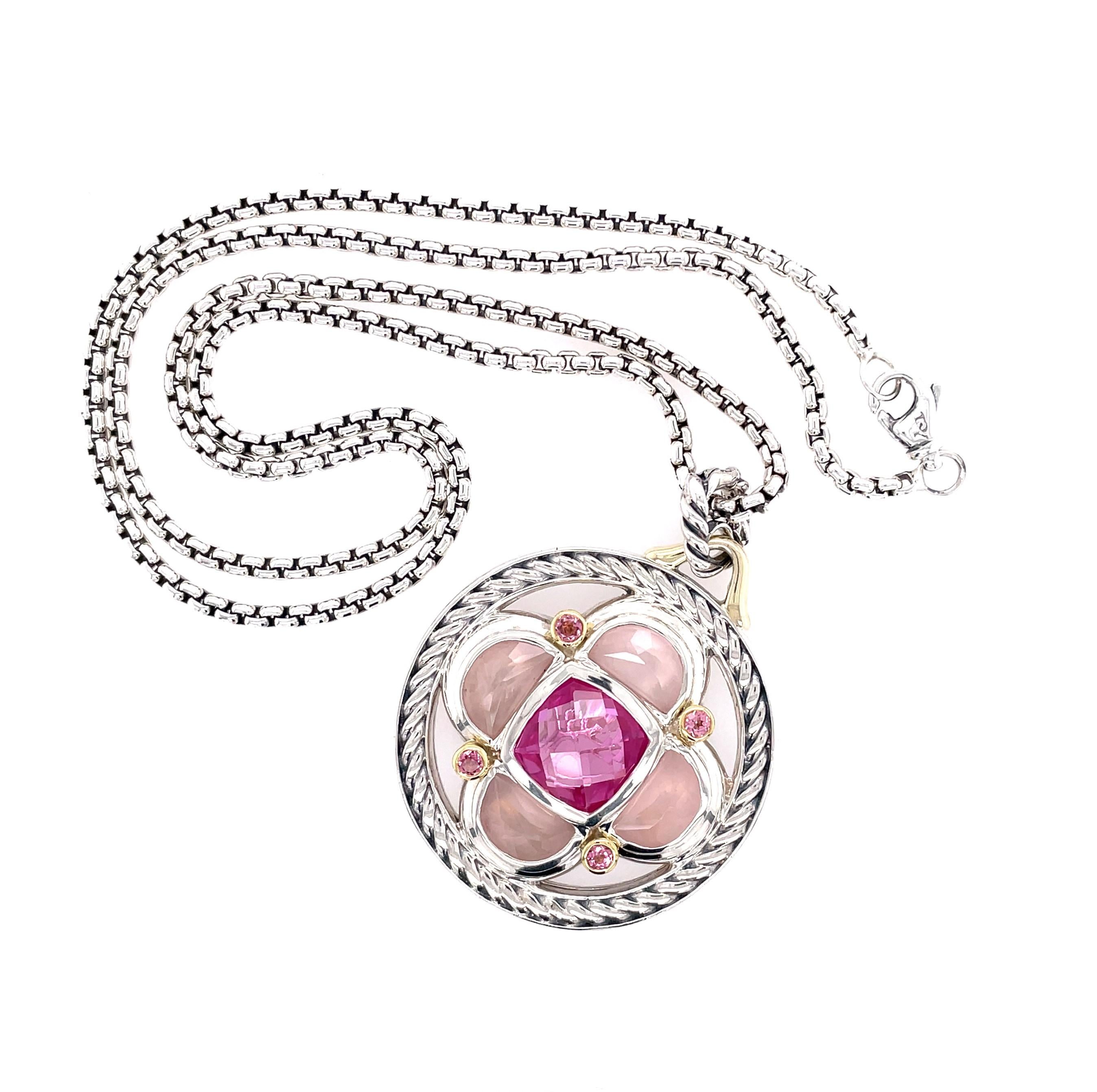 From the Renaissance Collection by well known designer David Yurman, this iconic necklace includes the Half Moon Pendant Enhancer in sterling silver and 18 karat yellow gold with vivid pink tourmaline and soft pink quartz. Included in this cheerful