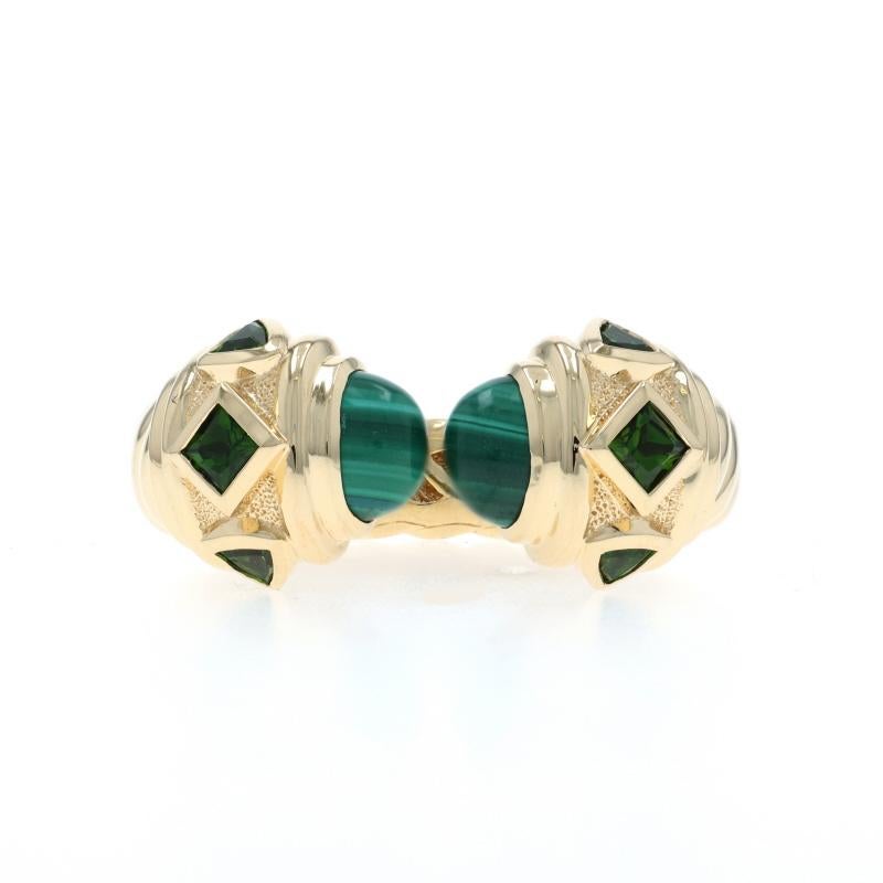 Retail Price: $3700

Size: 5 3/4

Brand: David Yurman
Collection: Renaissance
Design:  Color Ring

Metal Content: 18k Yellow Gold

Stone Information

Natural Malachite

Natural Tsavorite Garnets
Cut: Trillion 
Square

Measurements

Face Height
