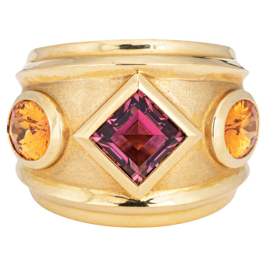 David Yurman Renaissance Ring 18k Gold Citrin Rhodalit Granat Gr. 6,5 Breites Band im Angebot