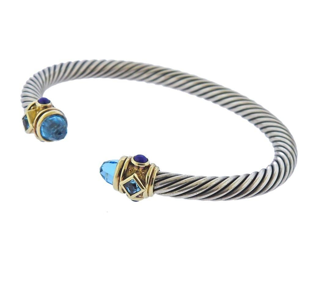 New sterling silver and 14k gold cable Renaissance bracelet by David Yurman, with topaz and lapis. Retail $1200. Bracelet will fit approx. 7