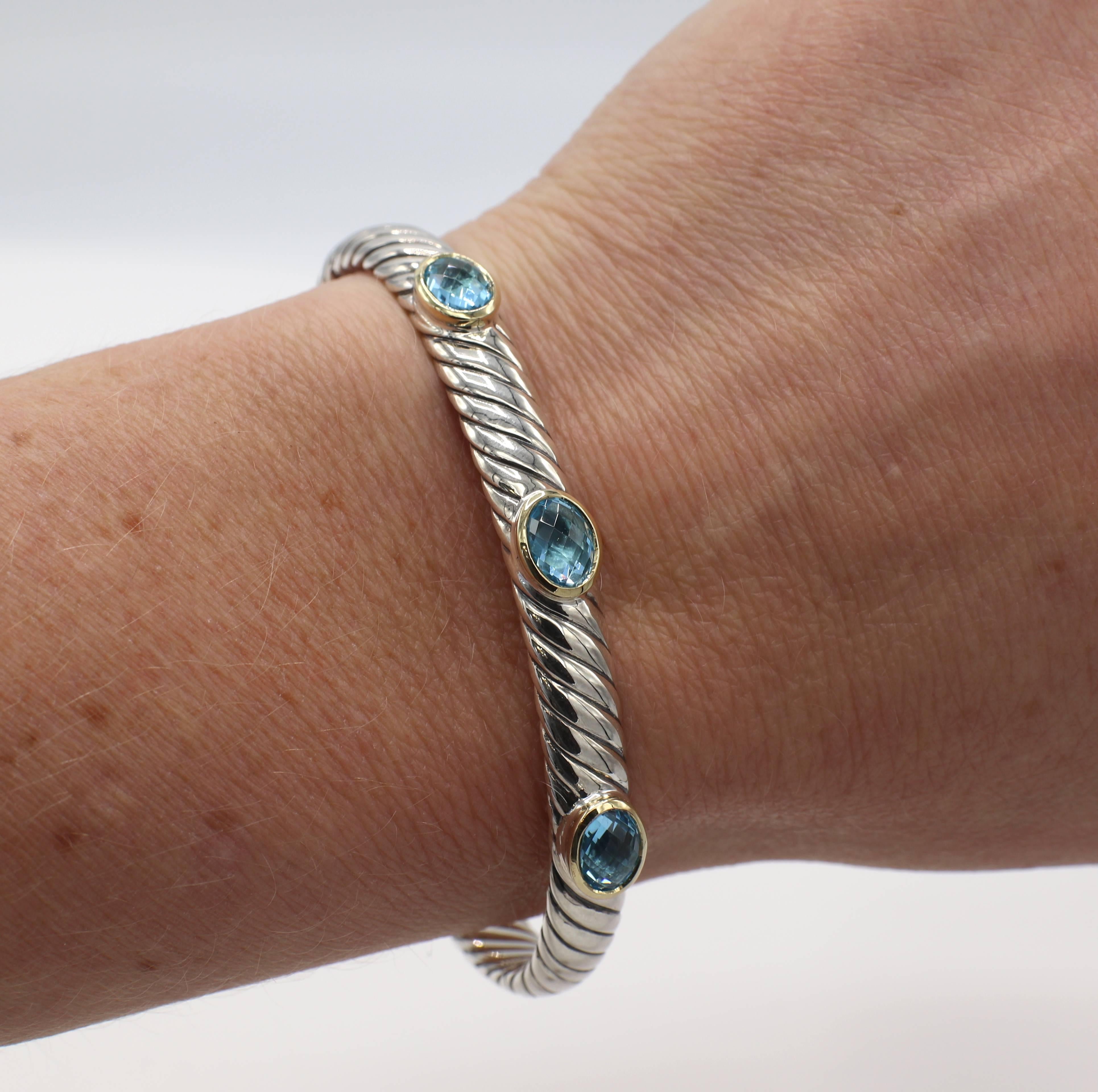 Oval Cut David Yurman Renaissance Sterling Silver Blue Topaz Three Stone Bangle Bracelet