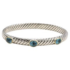 David Yurman Renaissance Sterling Silver Blue Topaz Three Stone Bangle Bracelet