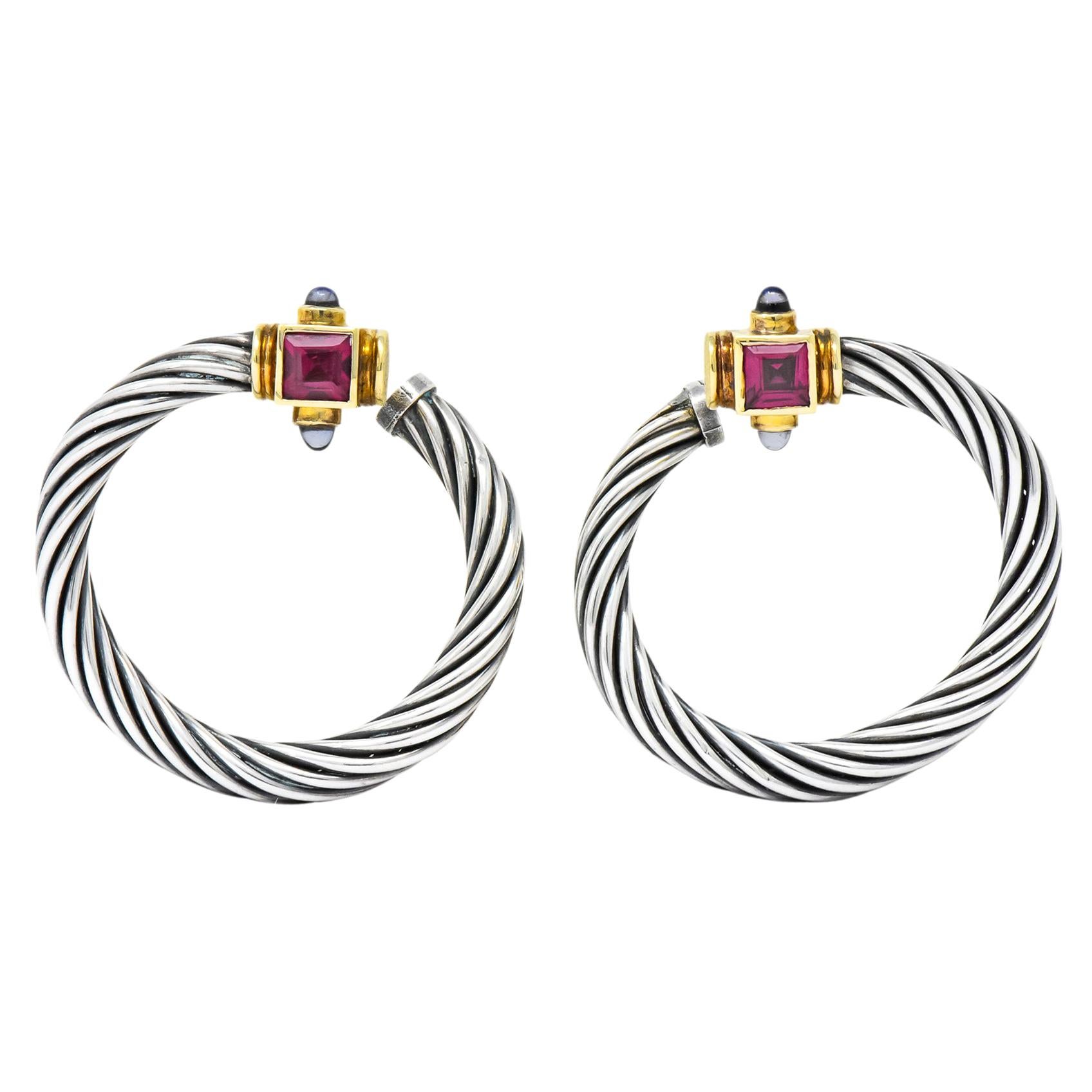 David Yurman Rhodolite Garnet Iolite Sterling Silver 14 Karat Gold Earrings