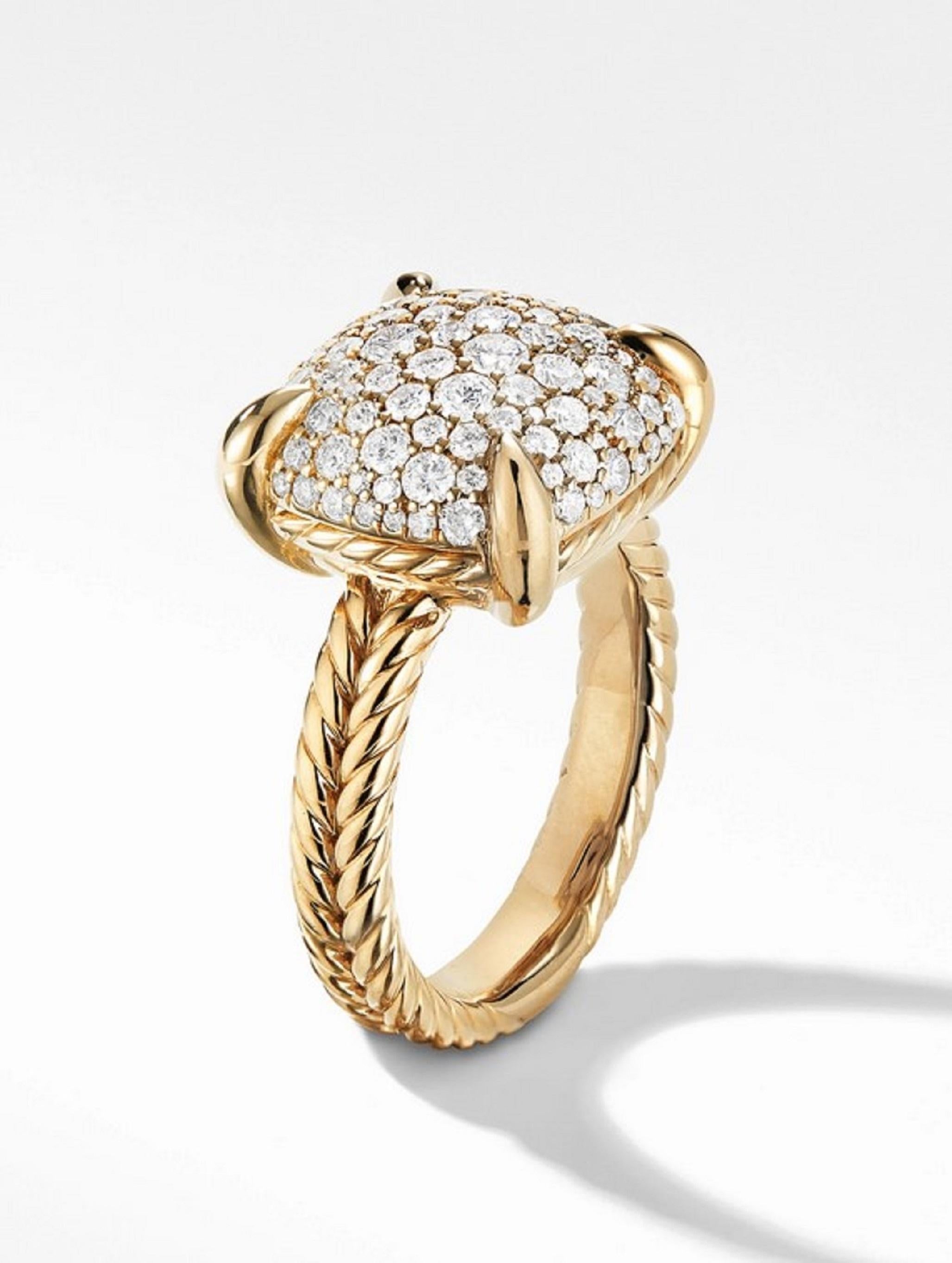 18k Yellow Gold
Pavé diamonds, 0.67 total carat weight
Ring, 11mm
Ring size: 7.5
David Yurman box included
Crafted in such way that takes ones eyes and heart.

This is an exclusive David Yurman Châtelaine collection, Statement or can be used as an