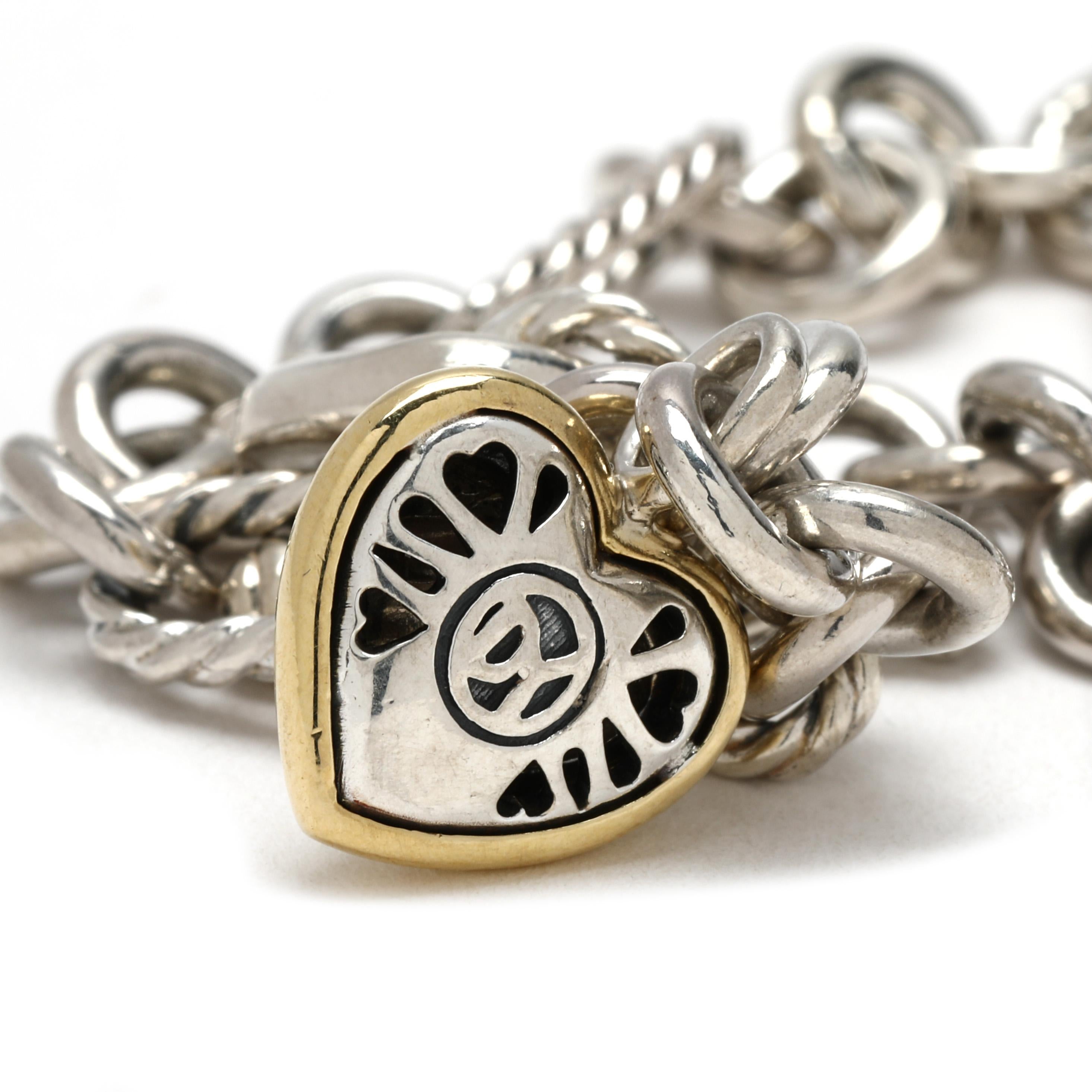 David Yurman Rope Link Bracelet, Heart Pendant, Sterling Silver, 18k Yellow Gold In Good Condition In McLeansville, NC