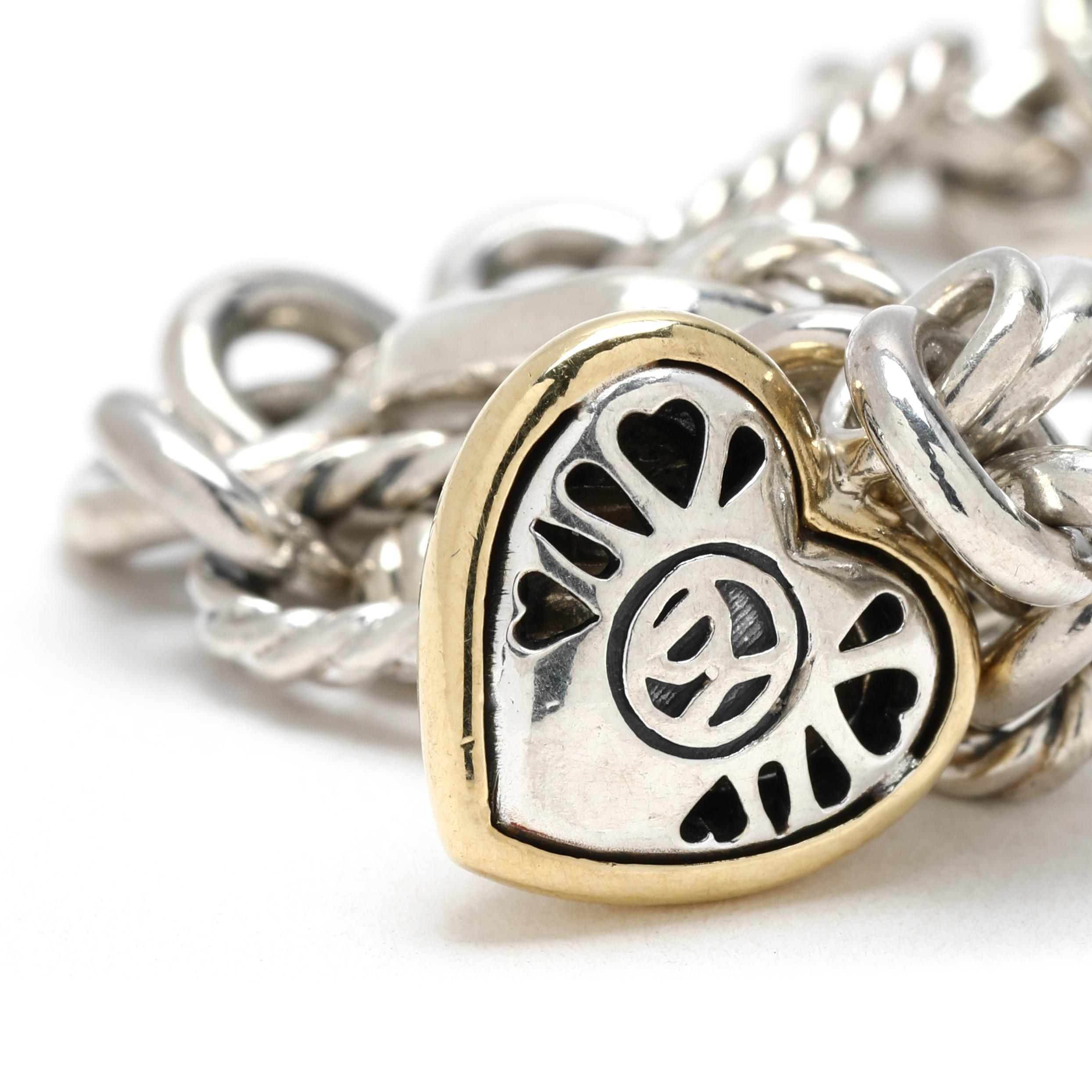 Women's or Men's David Yurman Rope Link Bracelet, Heart Pendant, Sterling Silver, 18k Yellow Gold