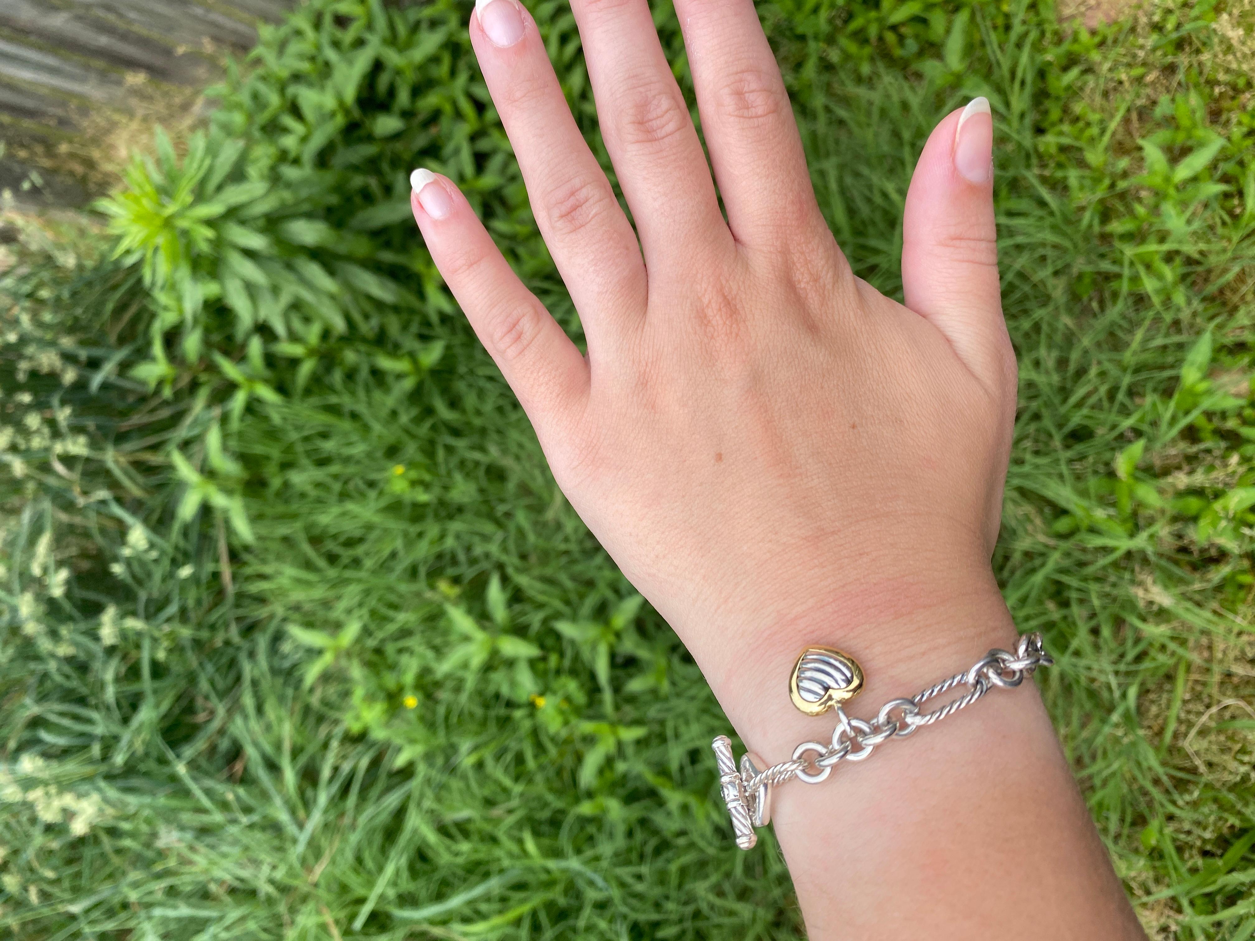 David Yurman Rope Link Bracelet, Heart Pendant, Sterling Silver, 18k Yellow Gold 2