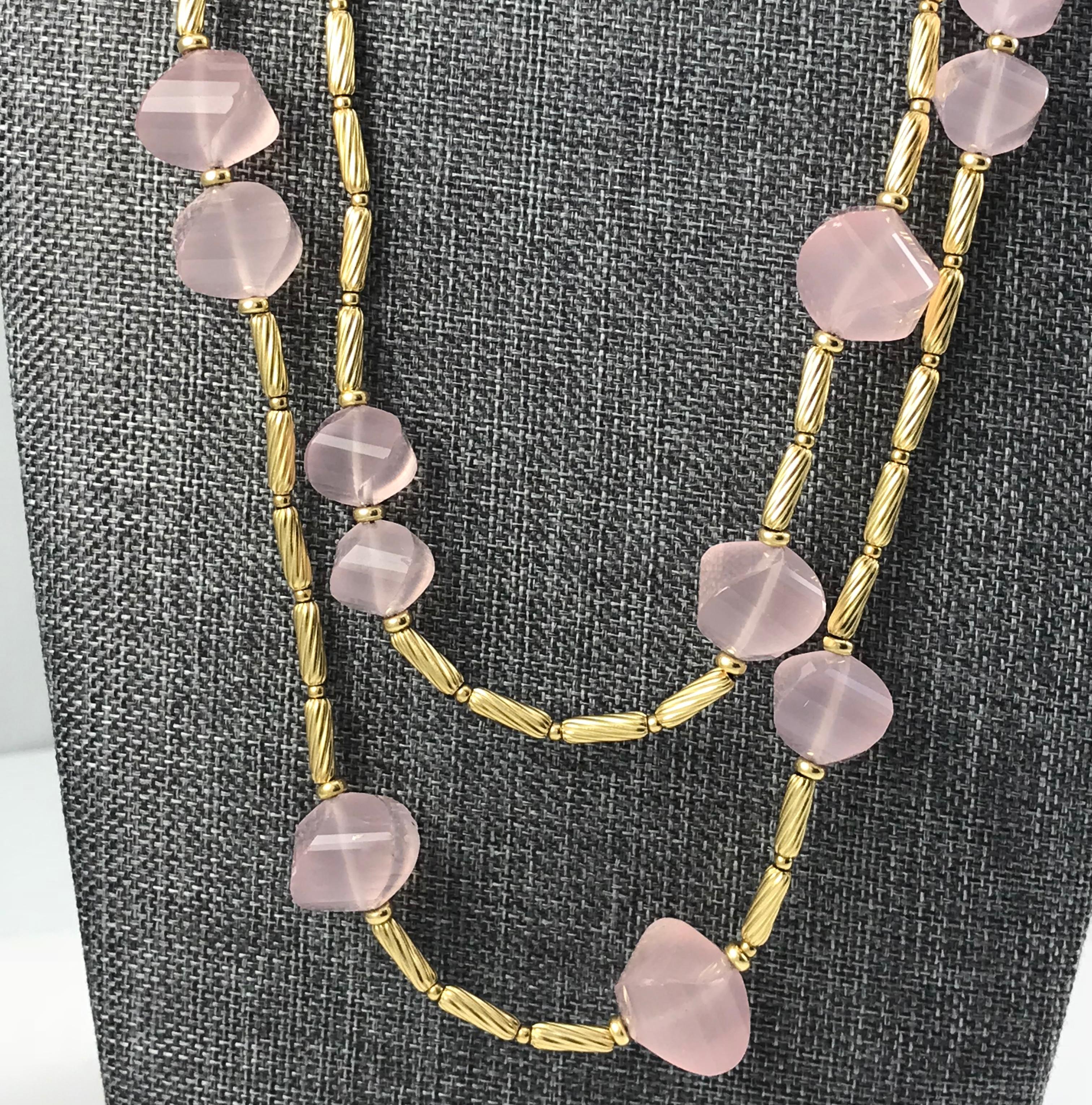 David Yurman Yellow Gold Rose Quartz Necklace In Good Condition For Sale In Palm Desert, CA