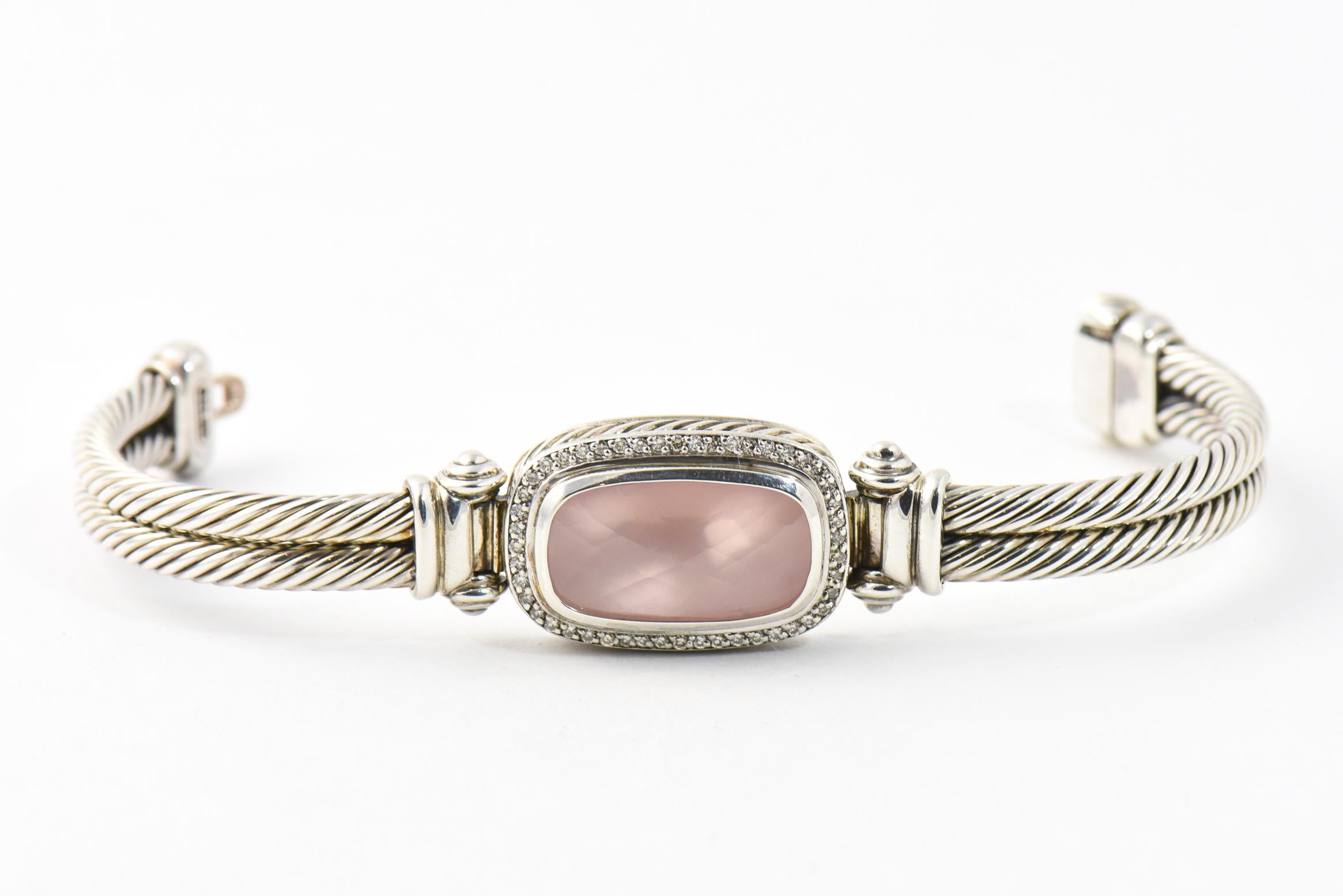 David Yurman Rose Quartz and Diamond Sterling Bangle Bracelet In Excellent Condition In Miami Beach, FL