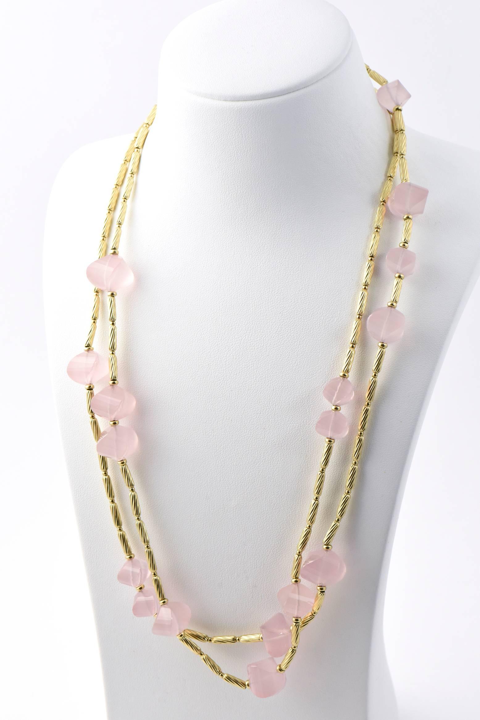 David Yurman Rose Quartz and Gold Long Necklace In Good Condition For Sale In Miami Beach, FL