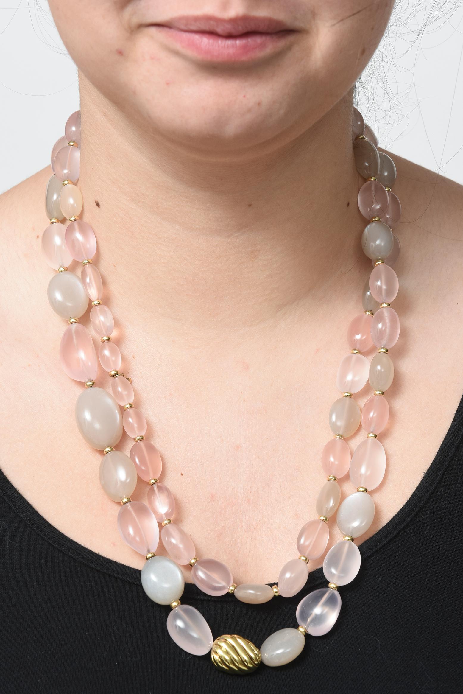 David Yurman Rose Quartz and Moonstone Sculpted Gold Bead Collection Necklace 3