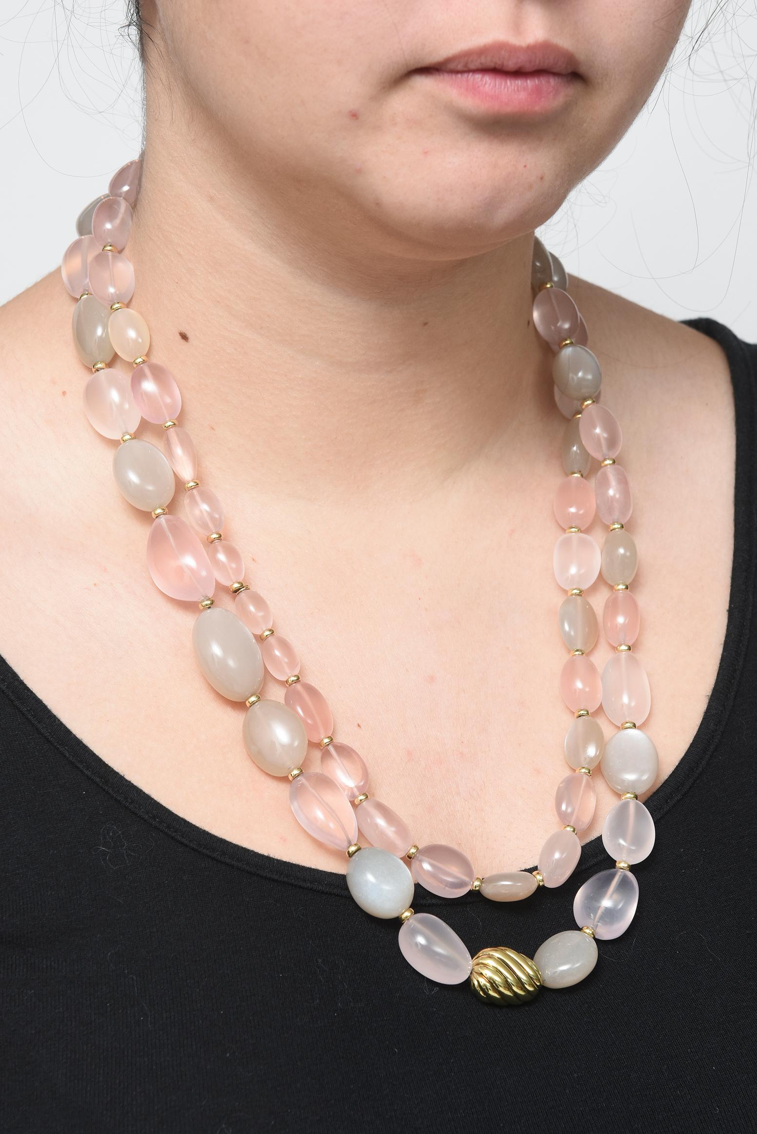 David Yurman Rose Quartz and Moonstone Sculpted Gold Bead Collection Necklace 2