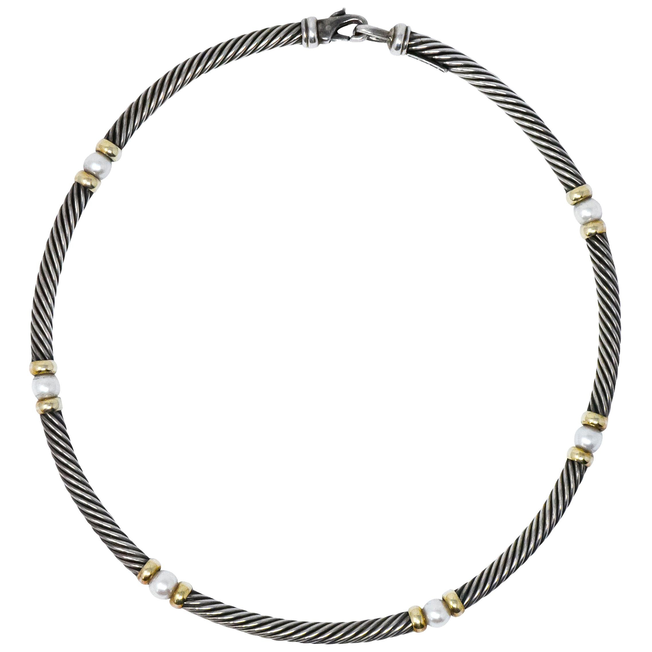David Yurman Round Pearl Sterling Silver 14 Karat Gold Hampton Cable Necklace