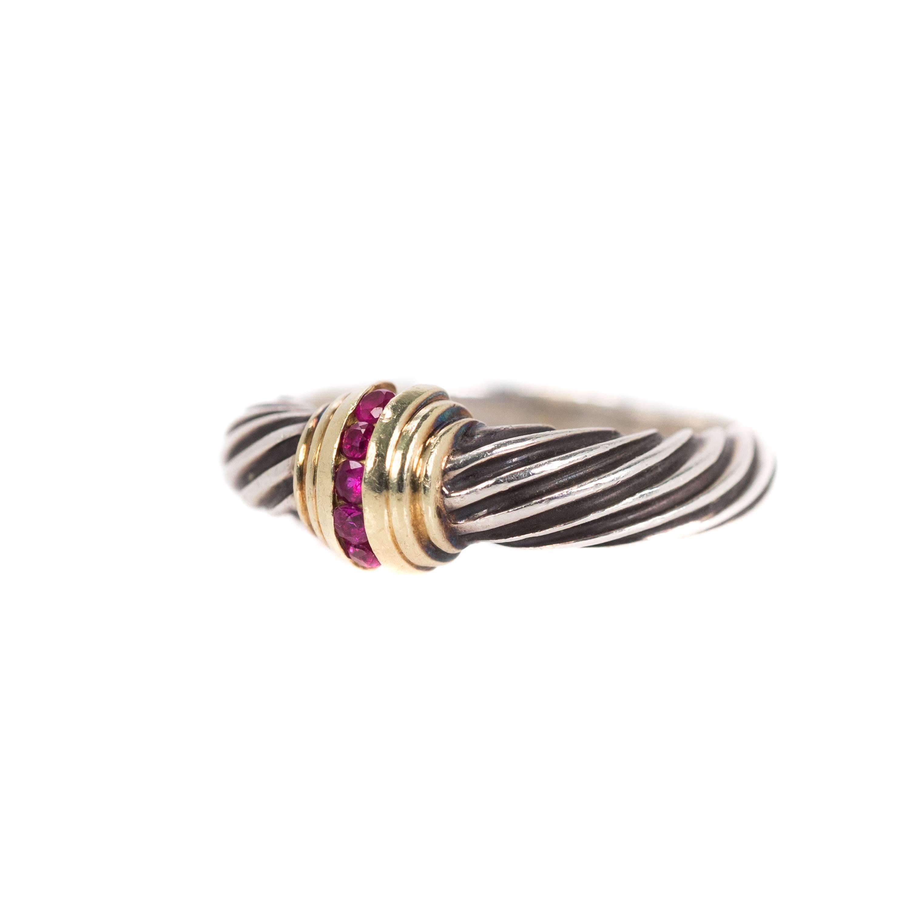 Modern David Yurman Ruby 14k Gold, Sterling Silver and Ruby Two-Tone Cable Ring