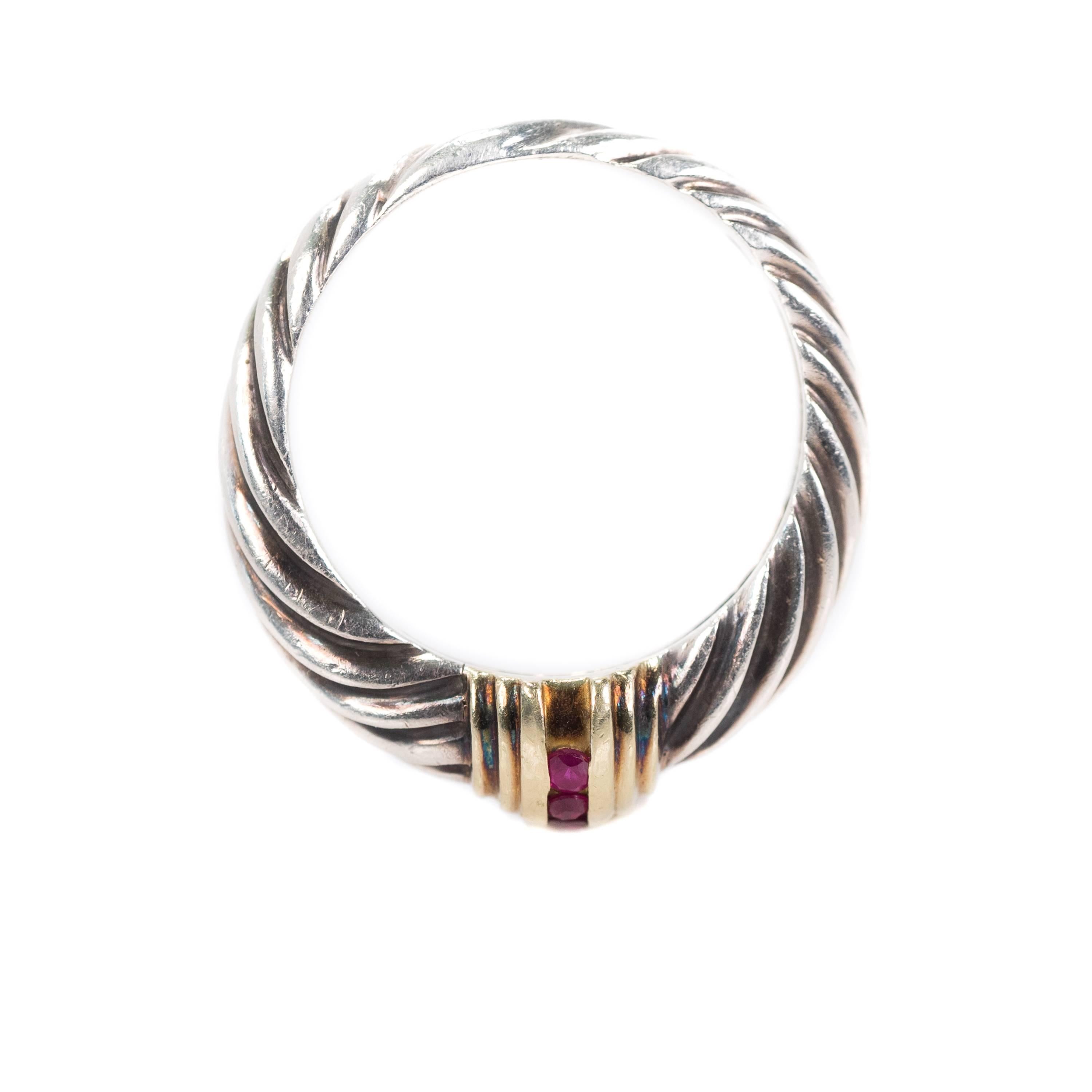 Round Cut David Yurman Ruby 14k Gold, Sterling Silver and Ruby Two-Tone Cable Ring