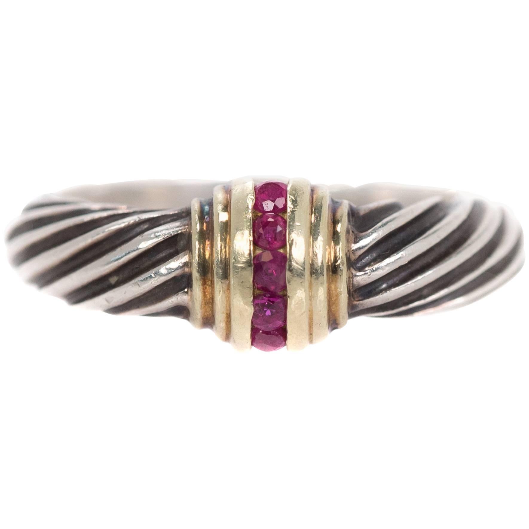 David Yurman Ruby 14k Gold, Sterling Silver and Ruby Two-Tone Cable Ring