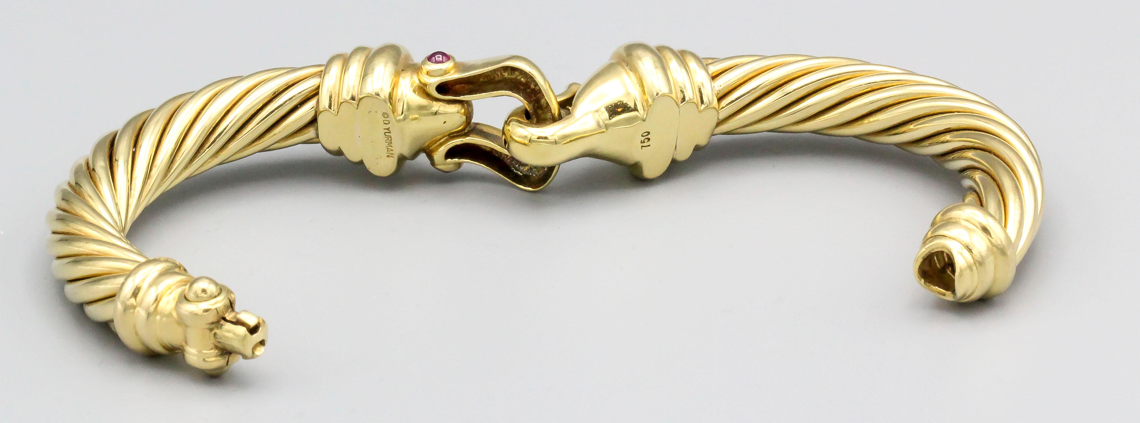 David Yurman Ruby and 18 Karat Yellow Gold Cable Buckle Bracelet In Good Condition In New York, NY
