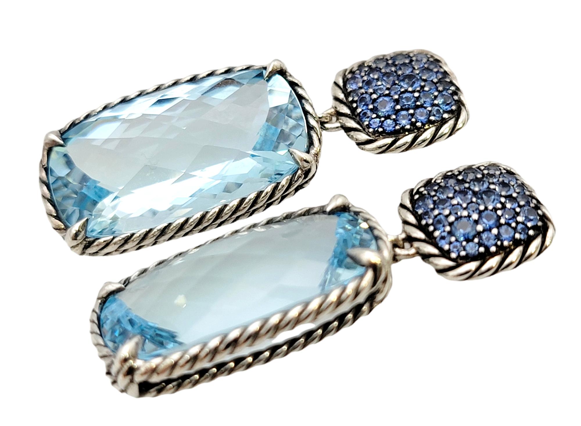 If you are a lover of blue, these are the earrings for you! Natural blue topaz and blue sapphire gemstones fill these gorgeous David Yurman earrings with magnificent sparkle and color. The varying shades of blue compliment each other beautifully,