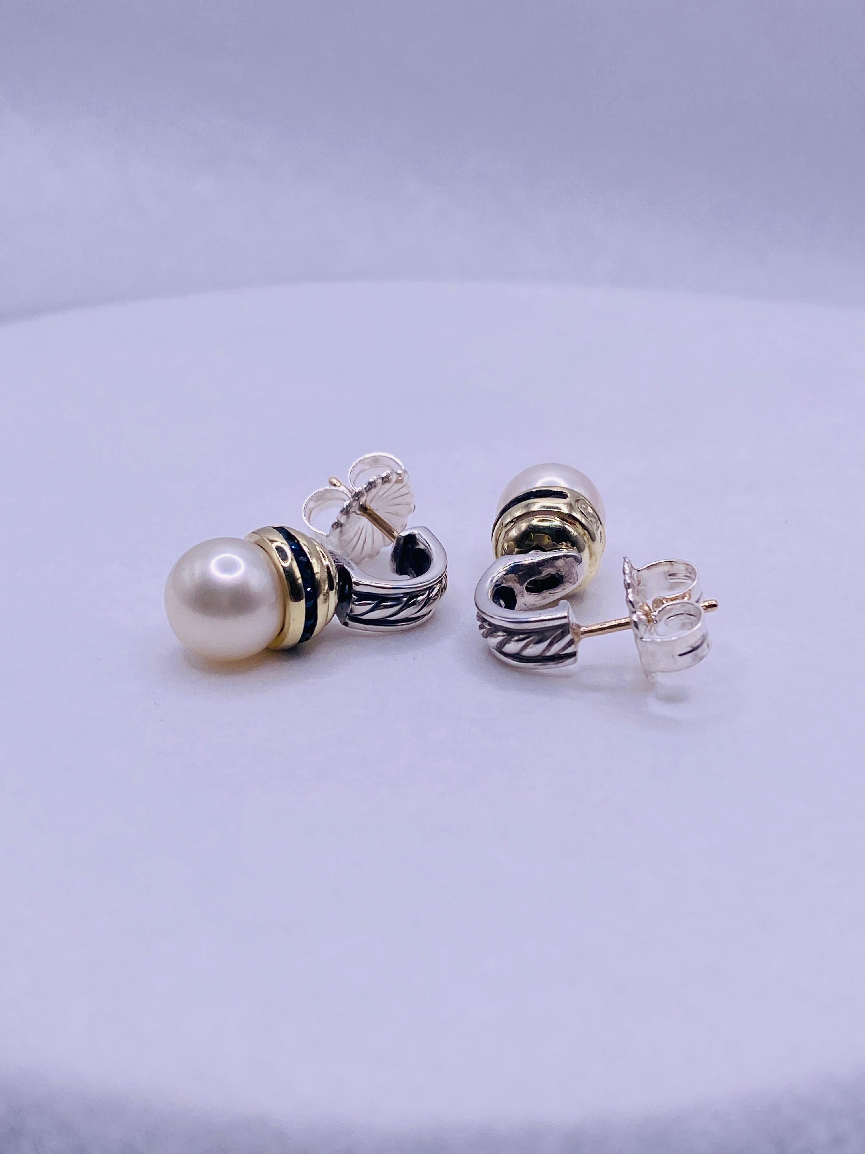 David Yurman Sapphire 14k Yellow Gold and Sterling Silver 4mm Pearl Post Earrings 