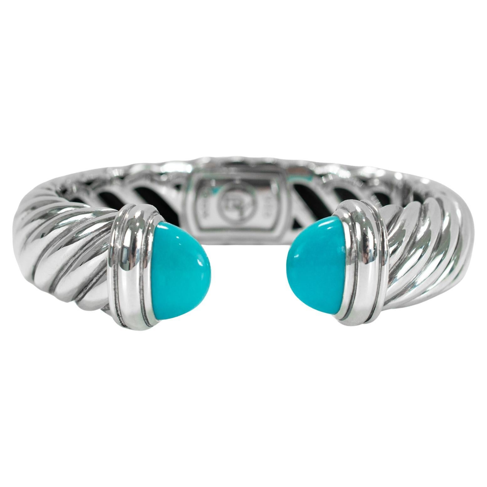 David Yurman Sculpted 925 Silver Turquoise Cable Waverly Cuff Bangle Bracelet For Sale