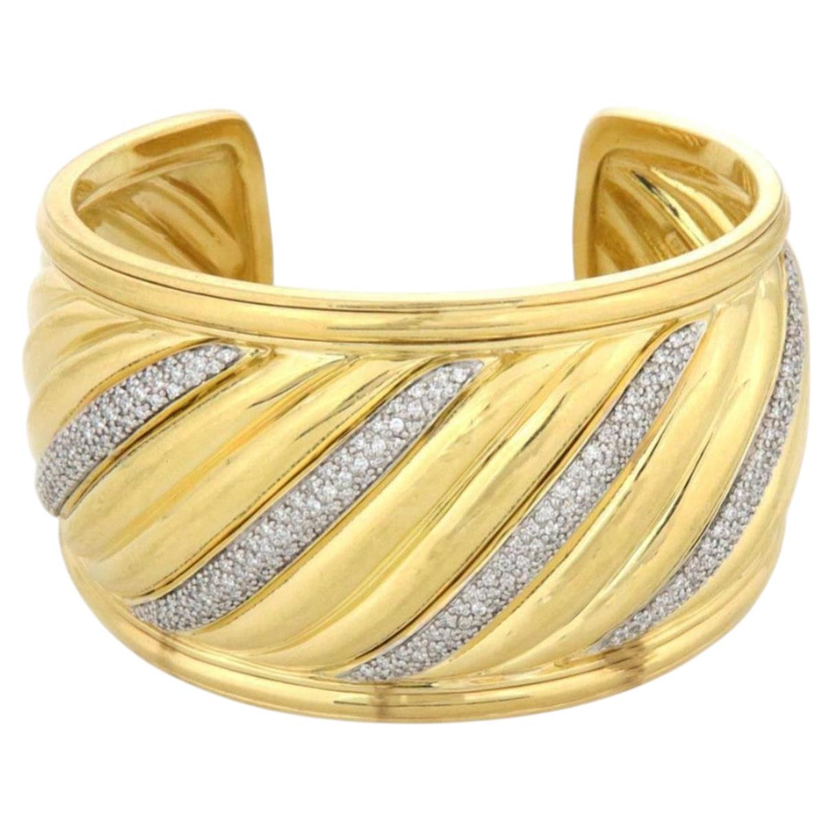 Pre-owned David Yurman Sculpted Cable Diamond 18k Gold Wide Cuff Bracelet 96g In Multiple
