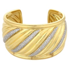 David Yurman Sculpted Cable Diamond 18k Gold Wide Cuff Bracelet 96g