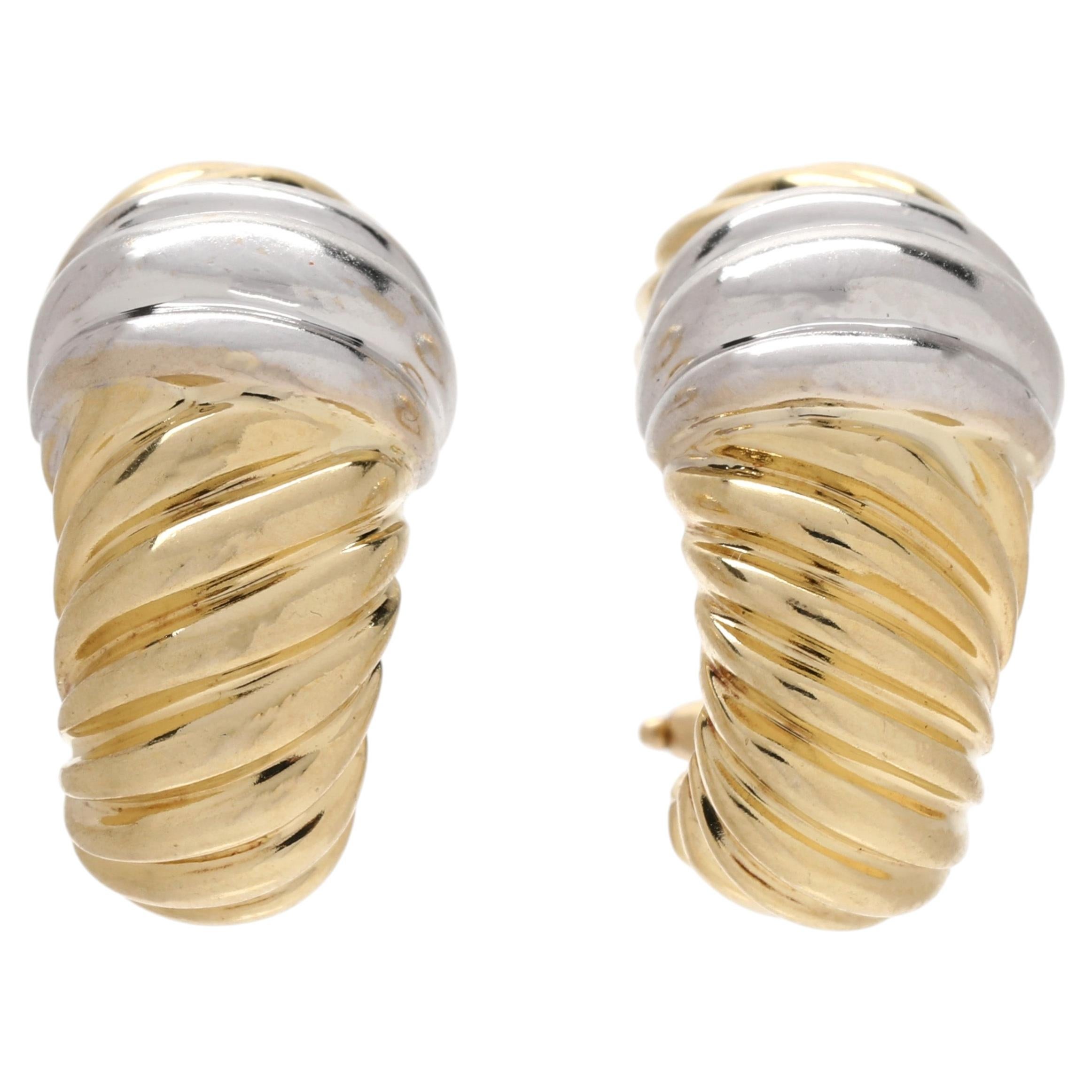 David Yurman Shrimp Clip on Earrings, 18k White & Yellow Gold, Length 19.4 mm For Sale