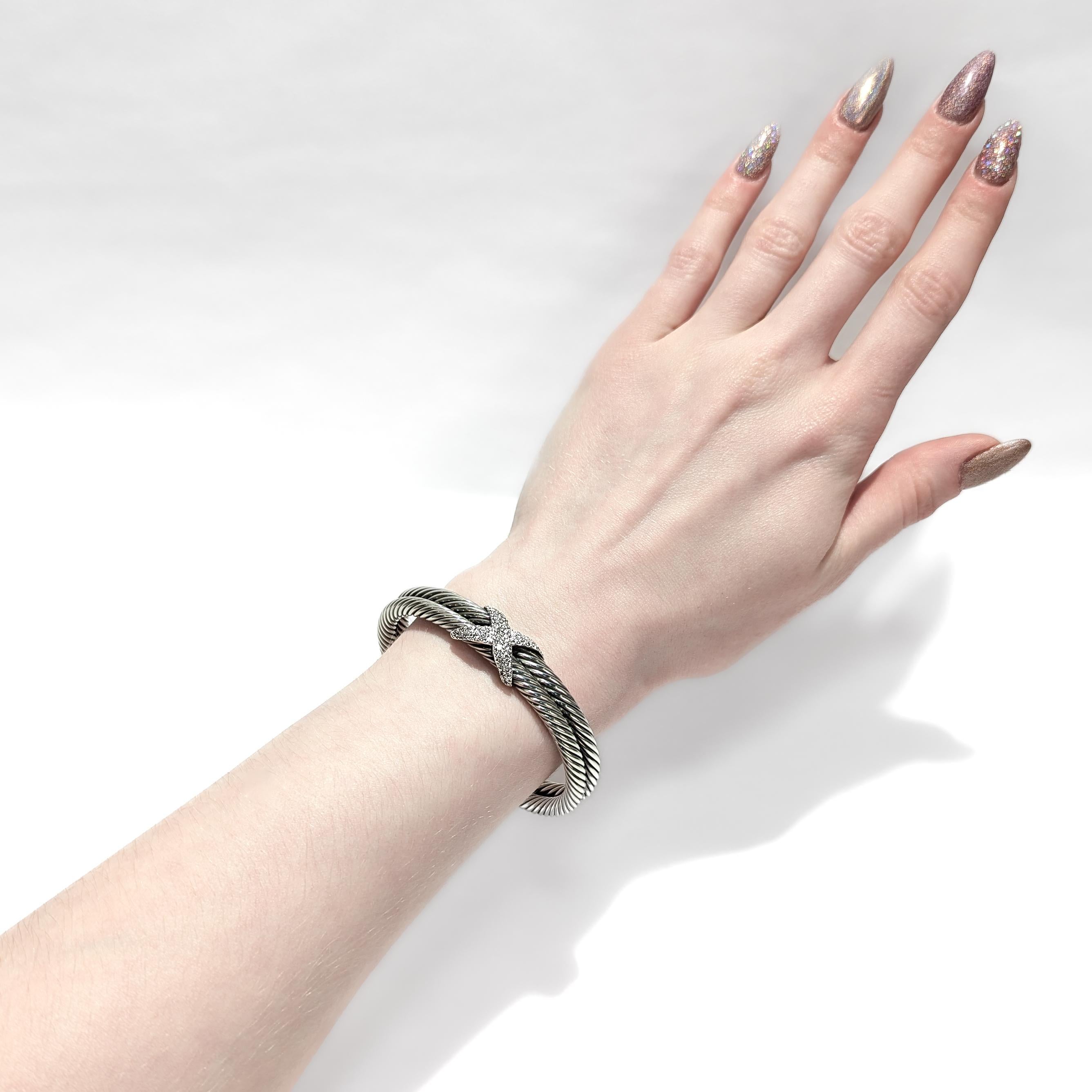 Modern David Yurman Signature Diamond 'X' Double Cable Bracelet For Sale