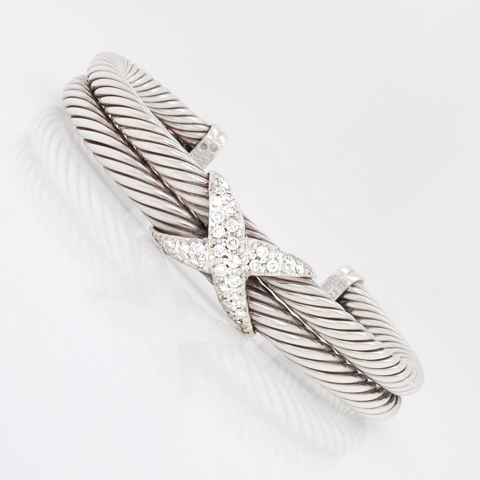 Round Cut David Yurman Signature Diamond 'X' Double Cable Bracelet For Sale