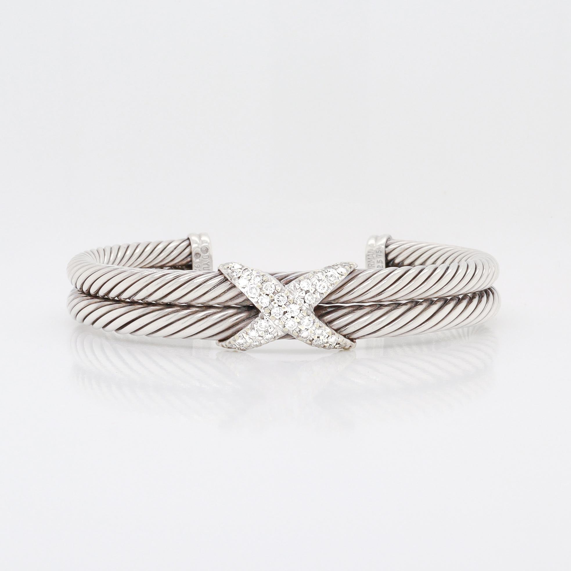 David Yurman Signature Diamond 'X' Double Cable Bracelet In Good Condition For Sale In Philadelphia, PA